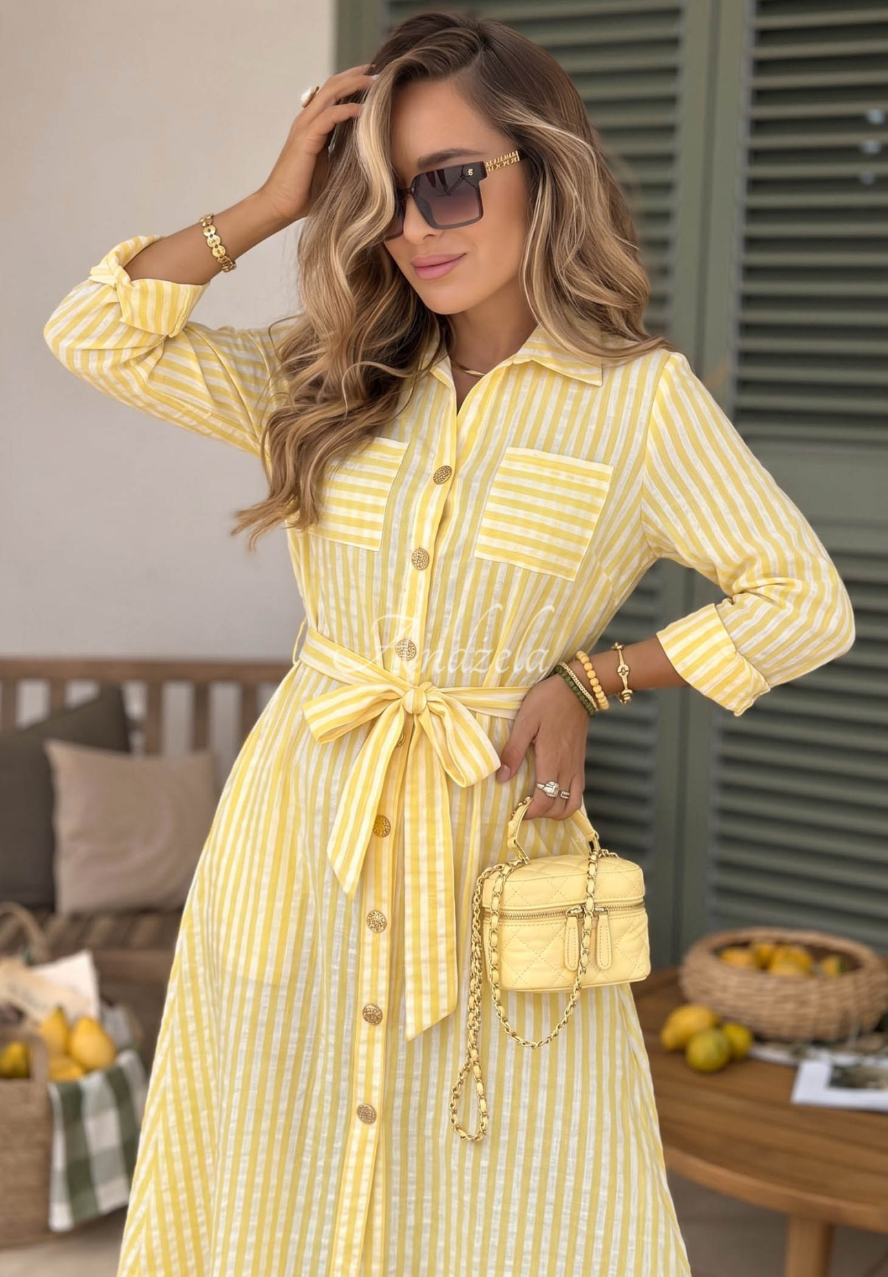 Koszulowa sukienka maxi w kratę Spring Velvet Air żółta