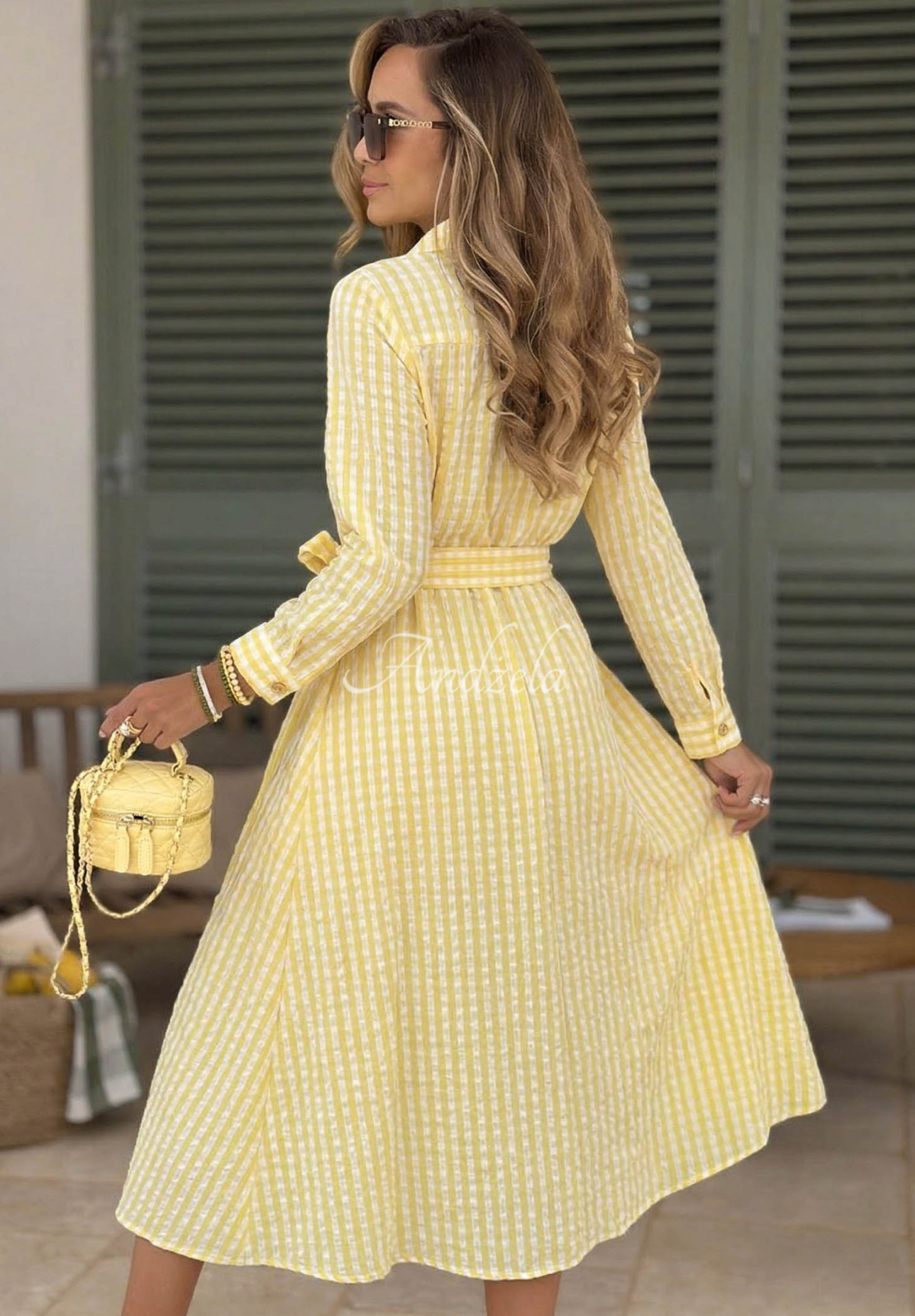 Spring Velvet Air Yellow Checkered Maxi Shirt Dress