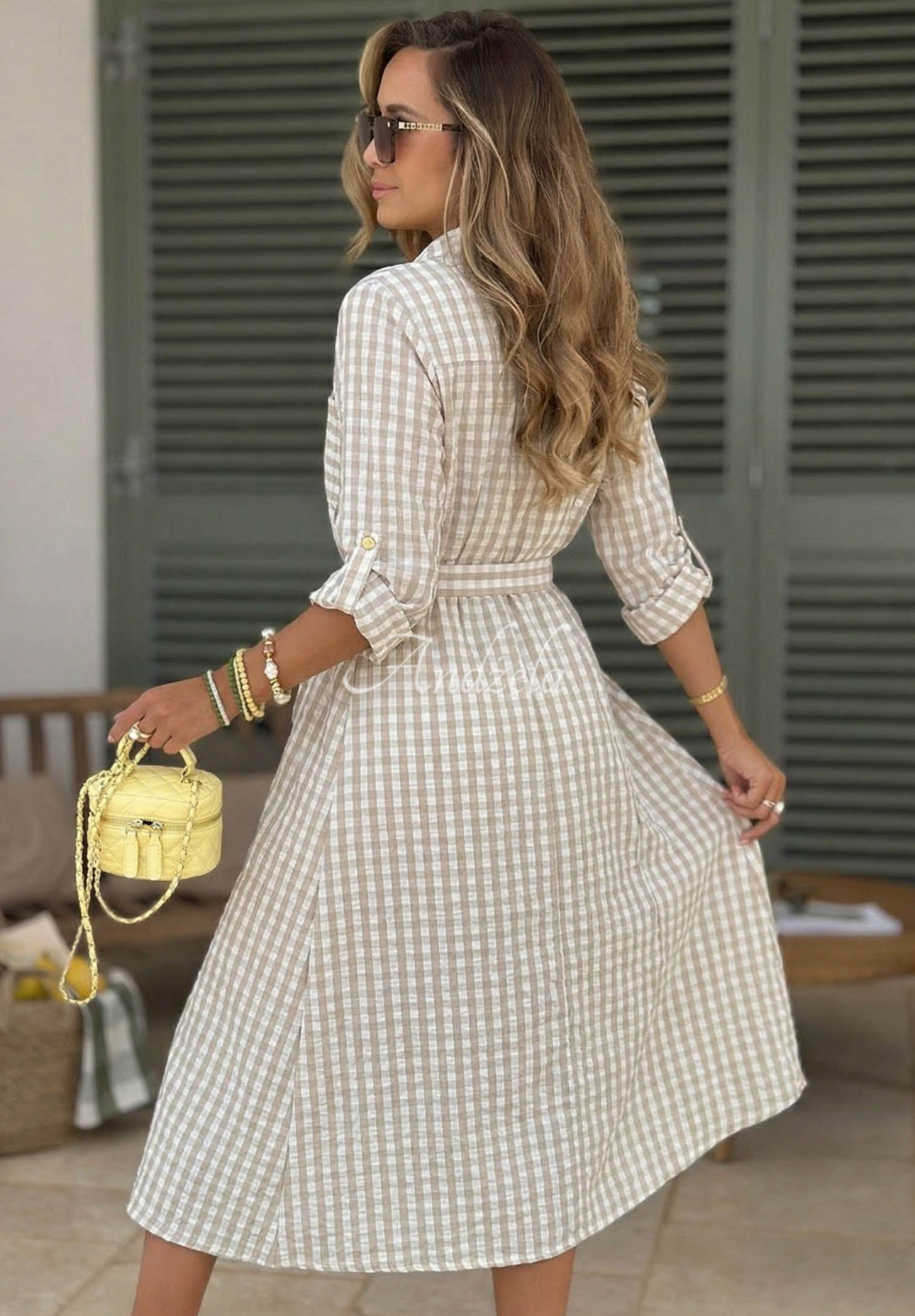 Koszulowa sukienka maxi w kratę Spring Velvet Air beżowa