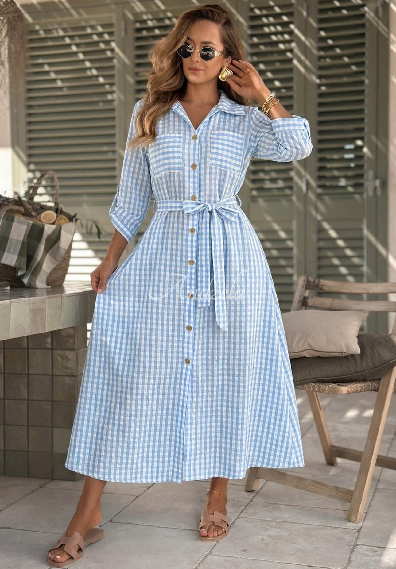 Koszulowa sukienka maxi w kratę Spring Velvet Air błękitna