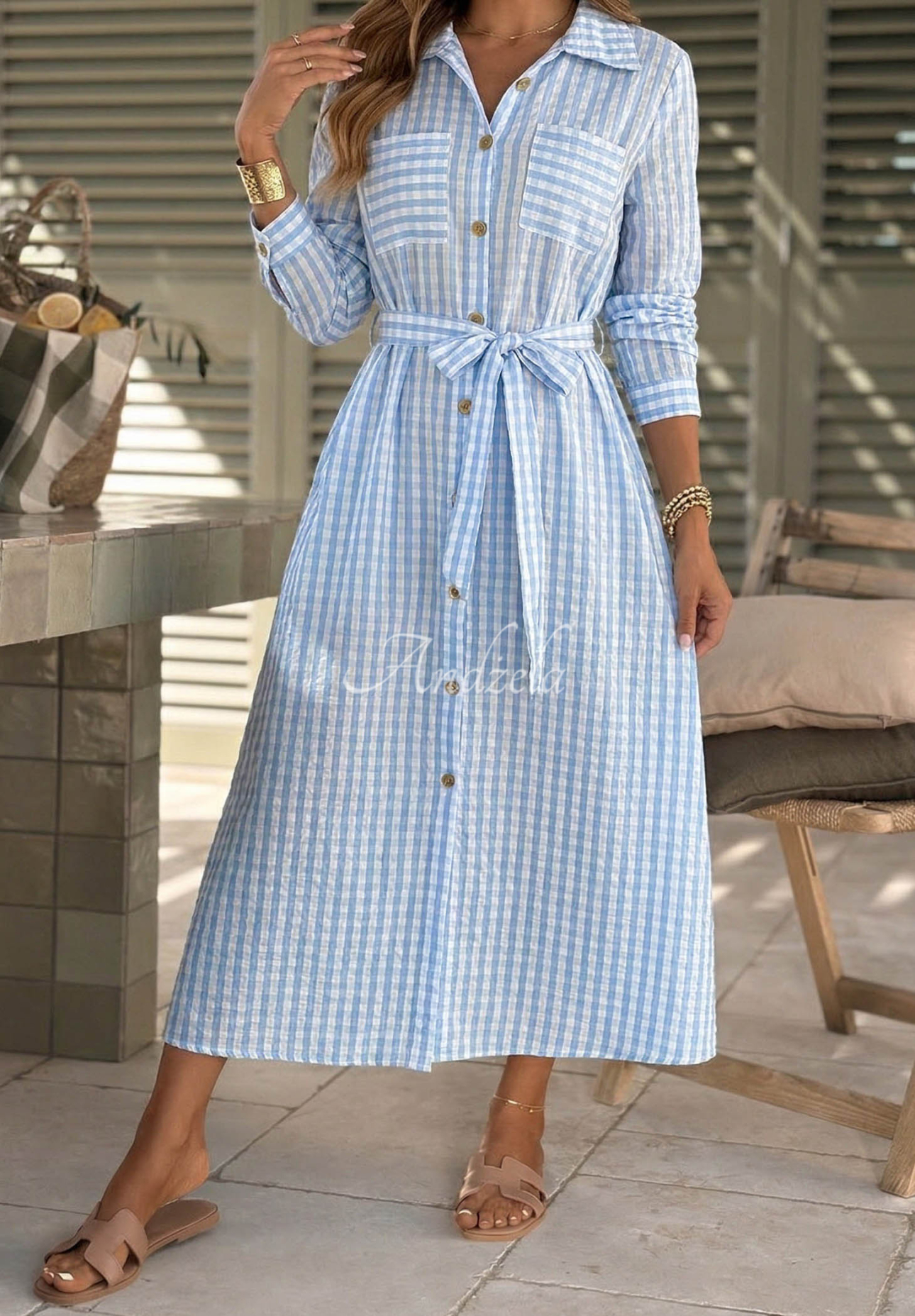 Spring Velvet Air Light Blue Checkered Maxi Shirt Dress