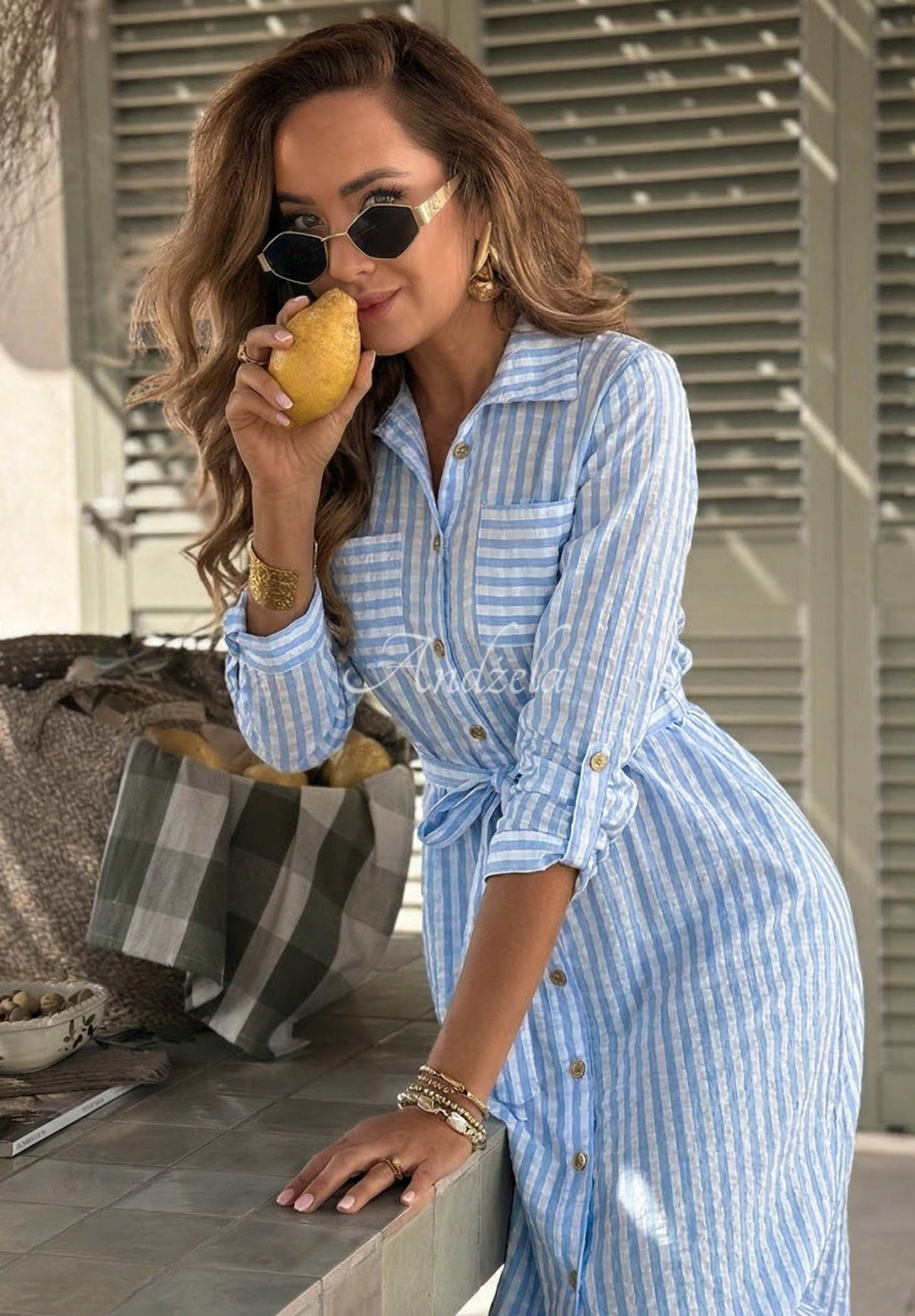 Koszulowa sukienka maxi w kratę Spring Velvet Air błękitna