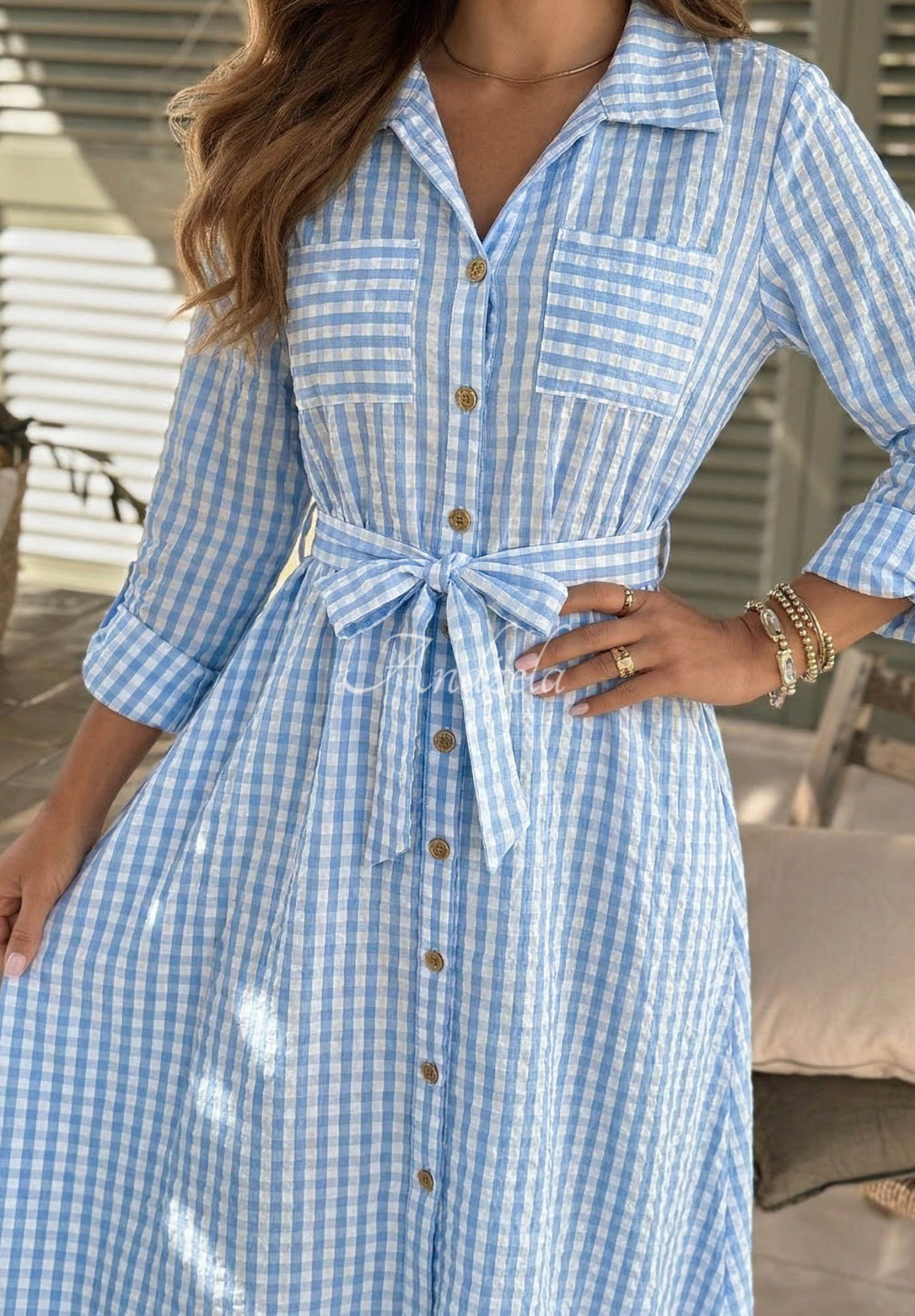Spring Velvet Air Light Blue Checkered Maxi Shirt Dress