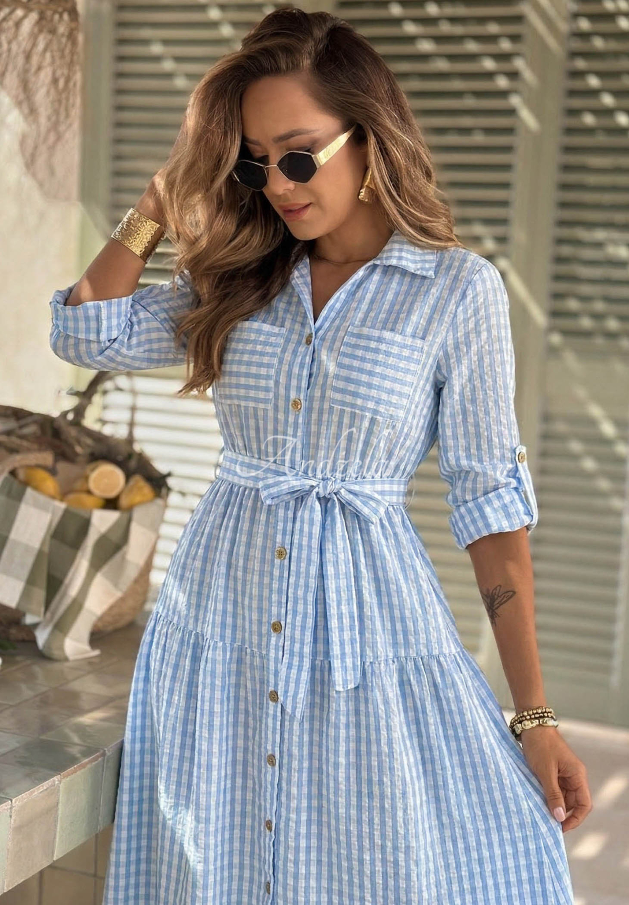 Koszulowa sukienka maxi w kratę Spring Velvet Air błękitna