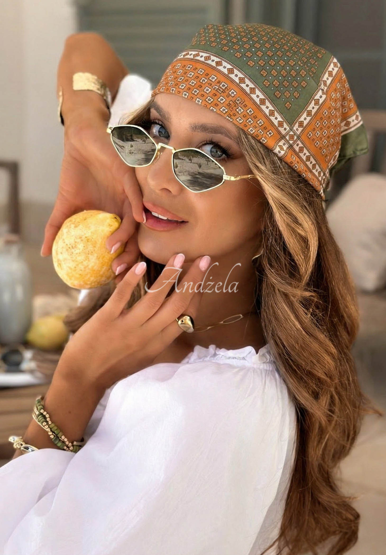 Wzorzysta apaszka Soft Wave zielono-pomarańczowa