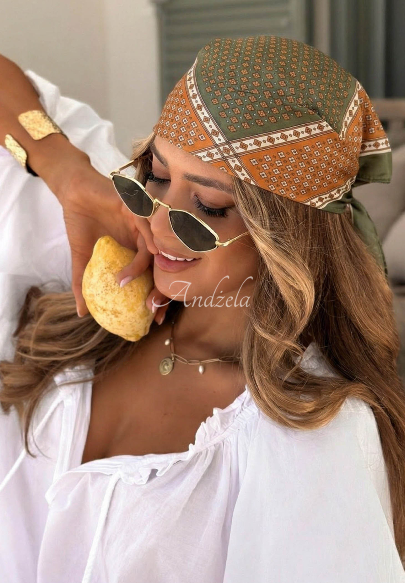 Wzorzysta apaszka Soft Wave zielono-pomarańczowa