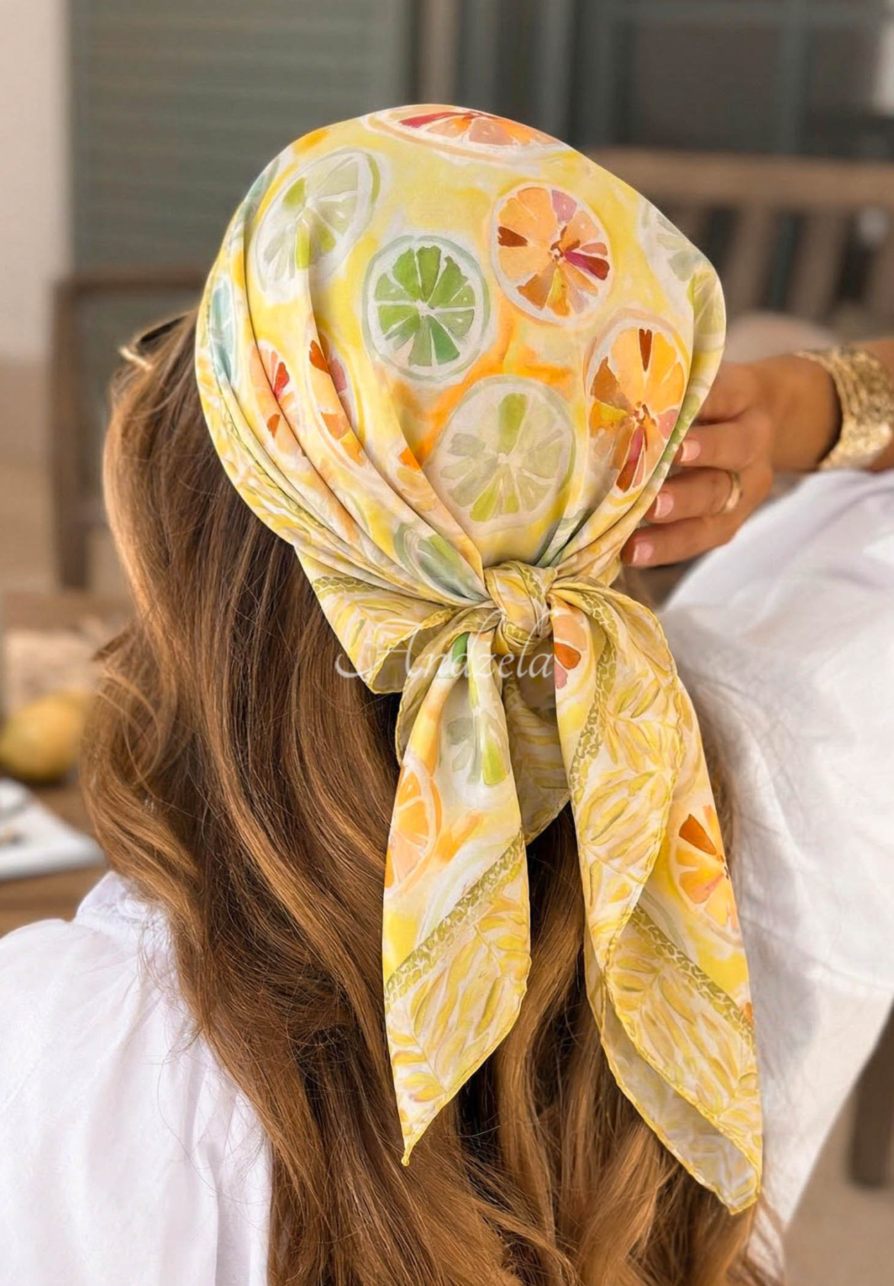 Yellow Lemon Vibe patterned viscose scarf with lemon print