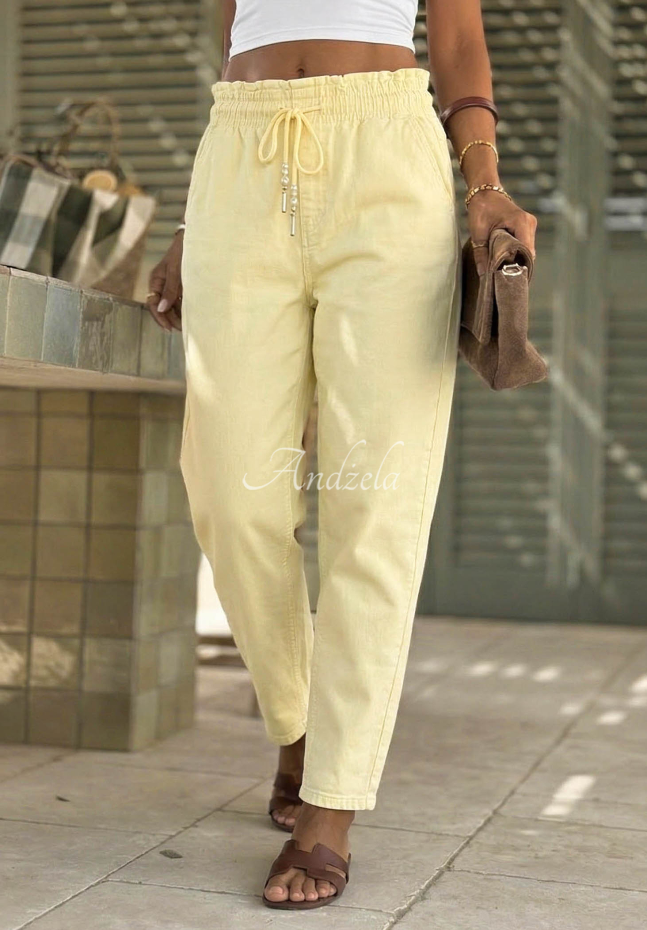 Meet Me Again Yellow Balloon-Style Denim Pants with an Elastic Waistband