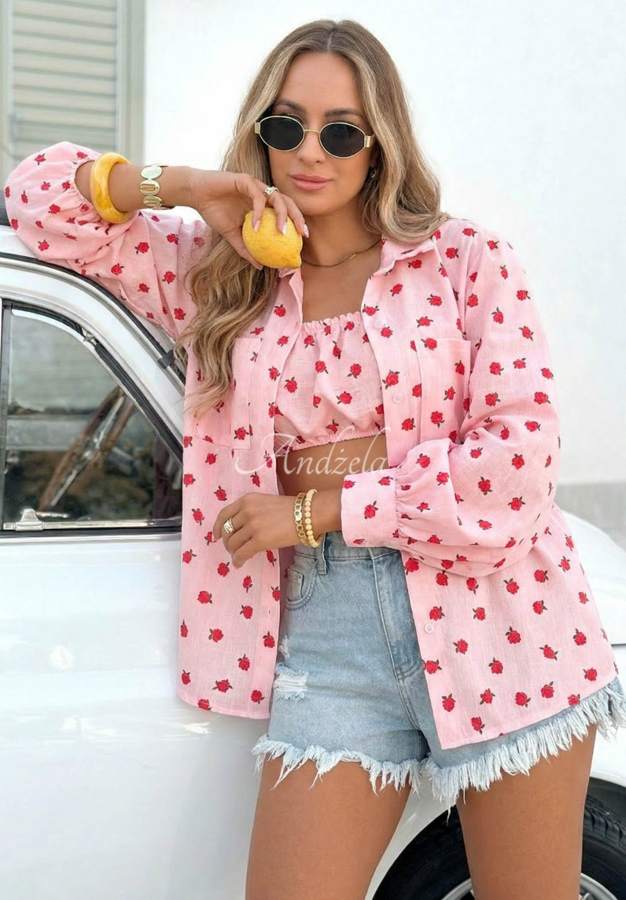 Bawełniany komplet koszula i top w róże Velvet Rose pudrowy róż