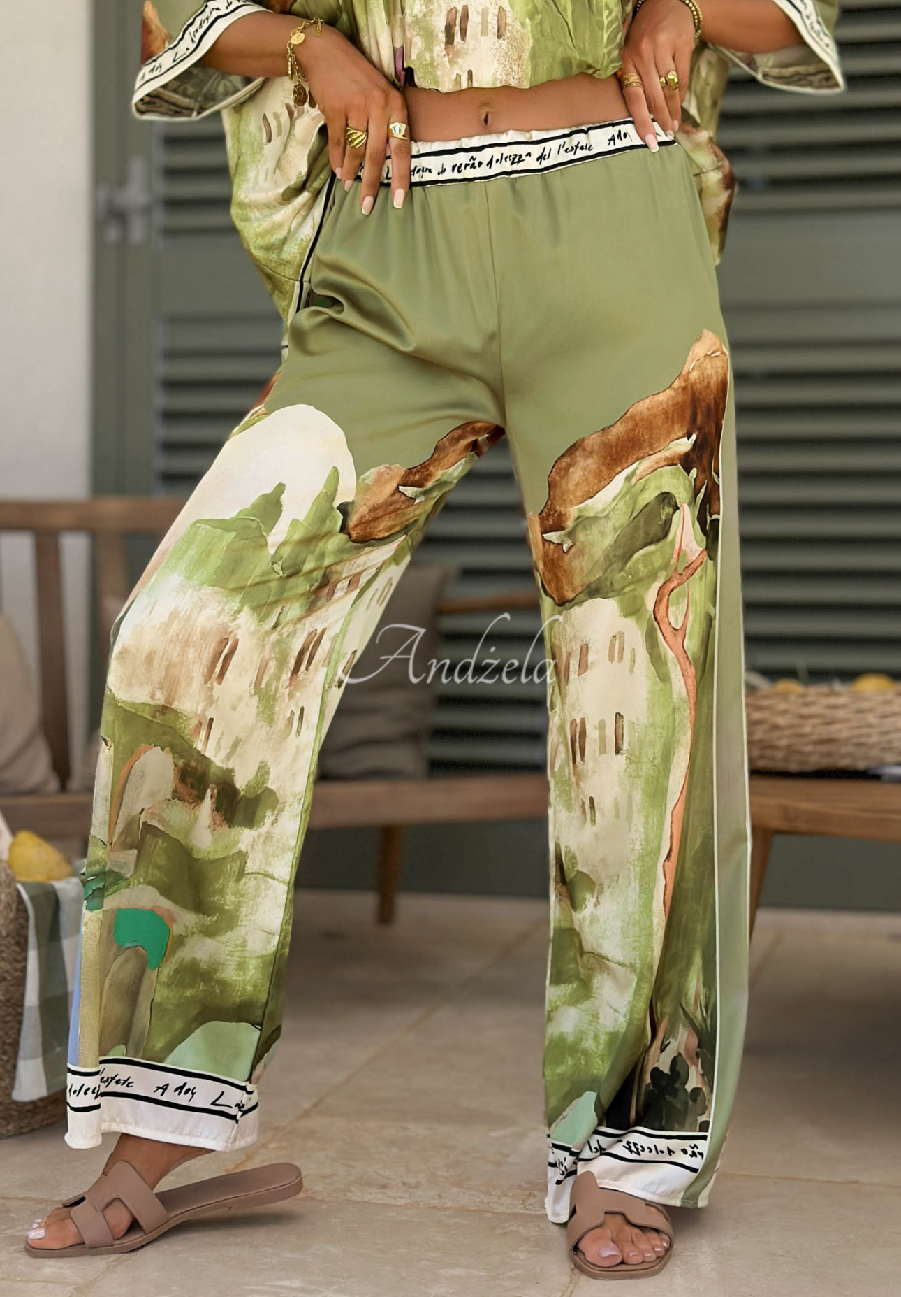 Satin viscose blouse and pants set in the Riviera Glow pistachio pattern