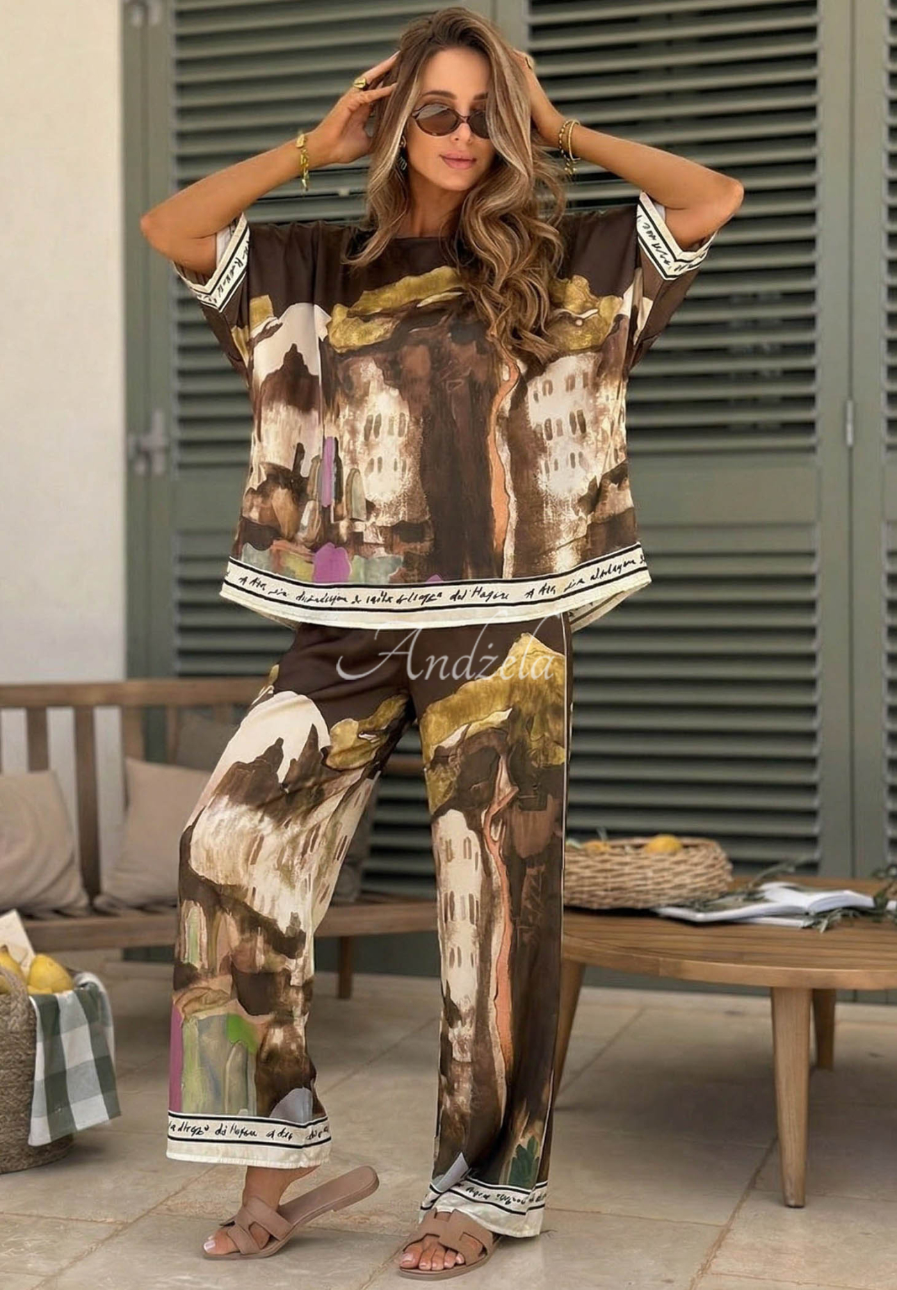 Satin viscose blouse and pants set in the Riviera Glow chocolate pattern