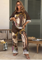 Satynowy komplet bluzka i spodnie wide leg we wzory Solene pistacjowy