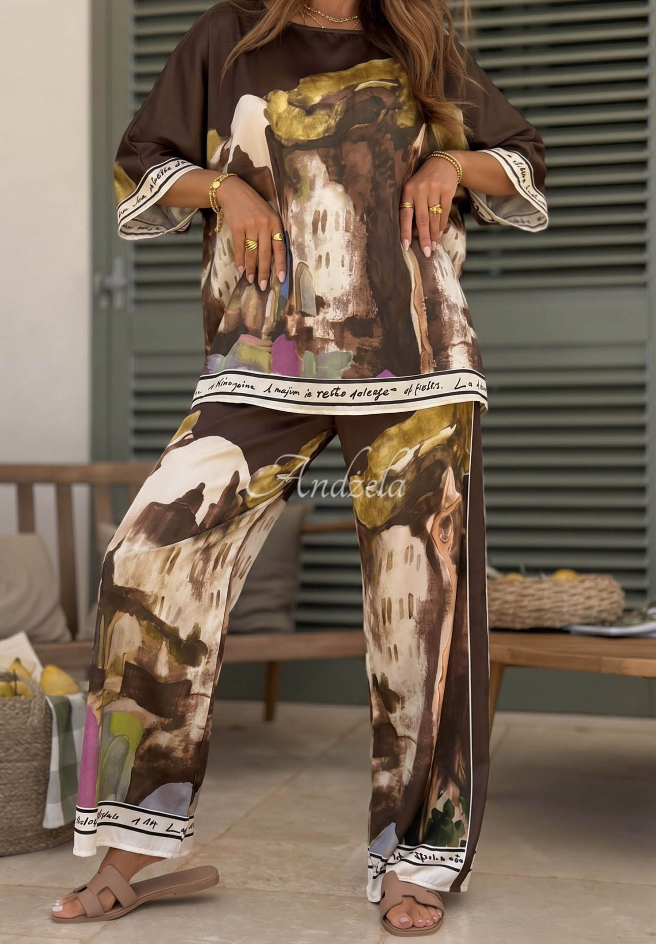 Satin viscose blouse and pants set in the Riviera Glow chocolate pattern