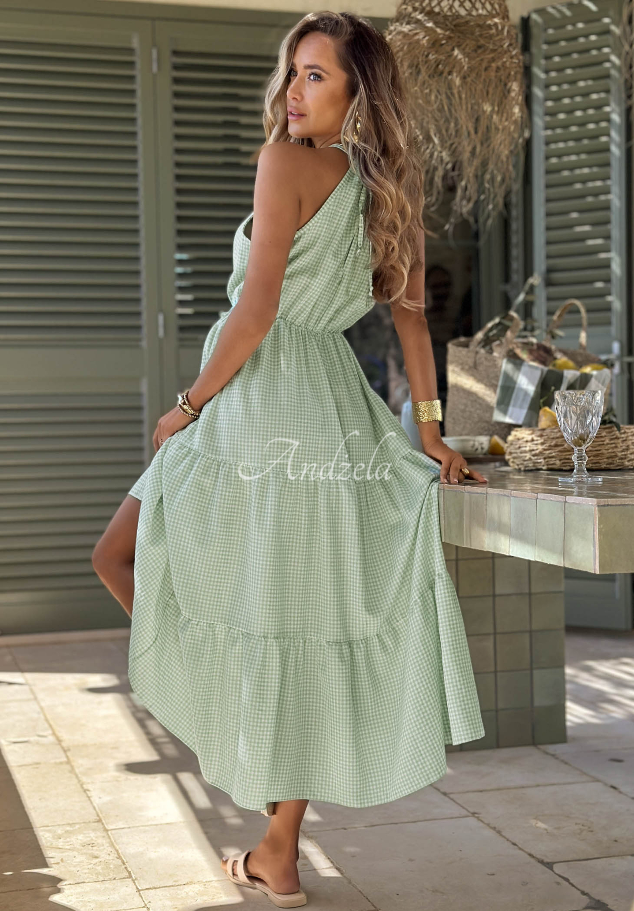 Lightweight, checkered spaghetti-strap dress with viscose in Summer Sorbet pistachio