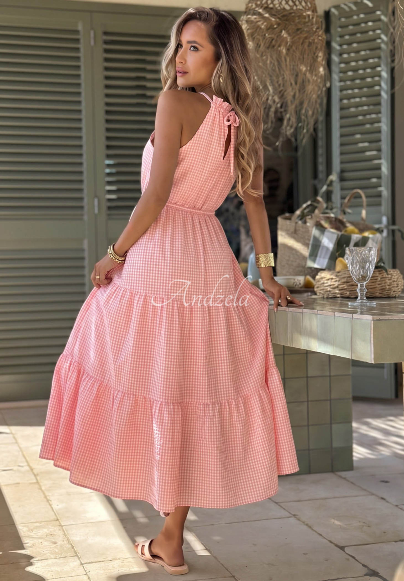 Lightweight checkered spaghetti-strap dress with viscose, Summer Sorbet pink