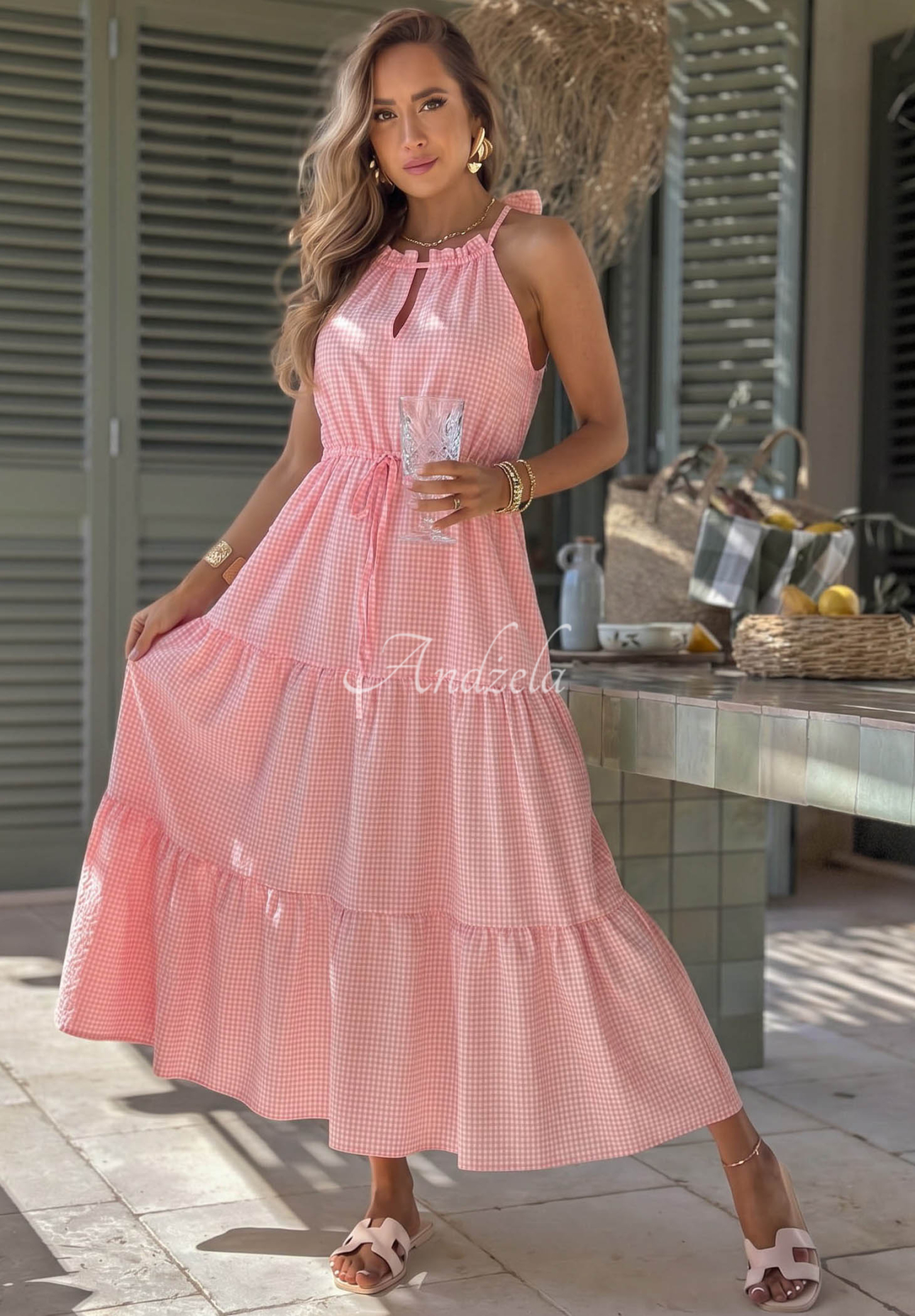 Lightweight checkered spaghetti-strap dress with viscose, Summer Sorbet pink