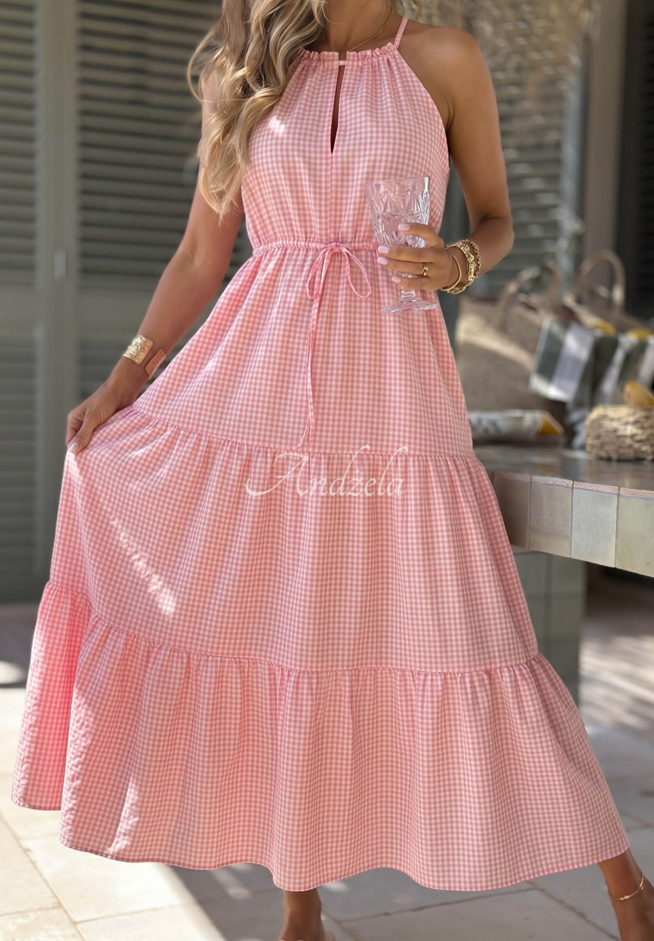 Lightweight checkered spaghetti-strap dress with viscose, Summer Sorbet pink