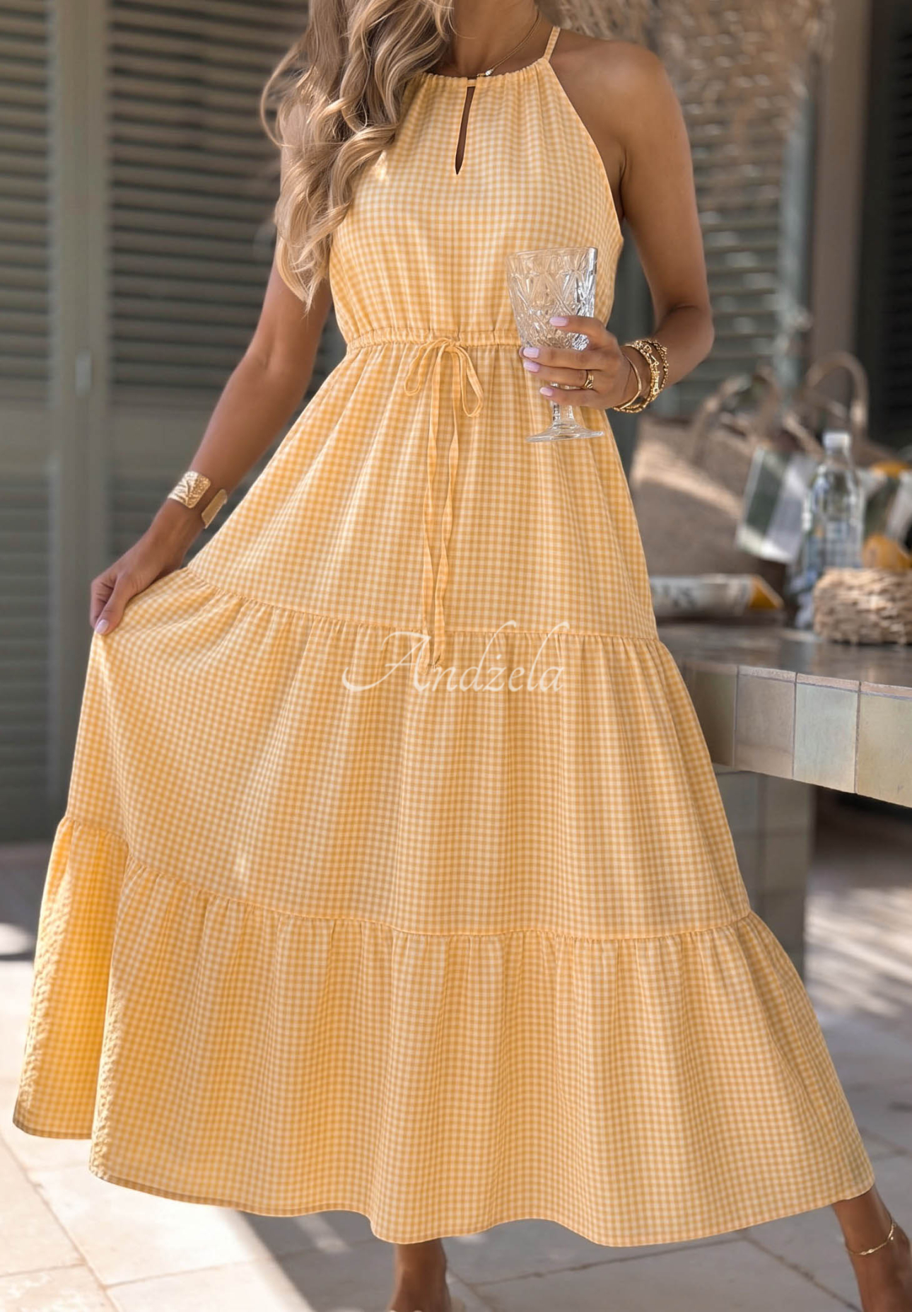 Lightweight yellow Summer Sorbet viscose checkered spaghetti-strap dress
