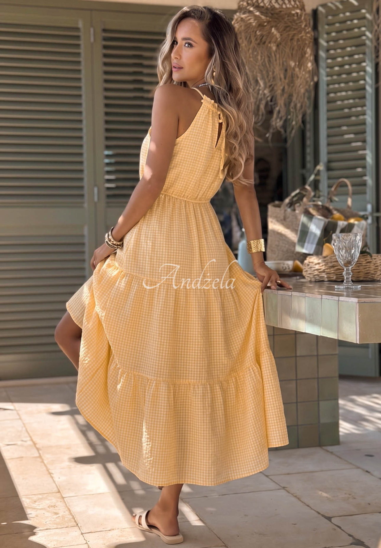 Lightweight yellow Summer Sorbet viscose checkered spaghetti-strap dress