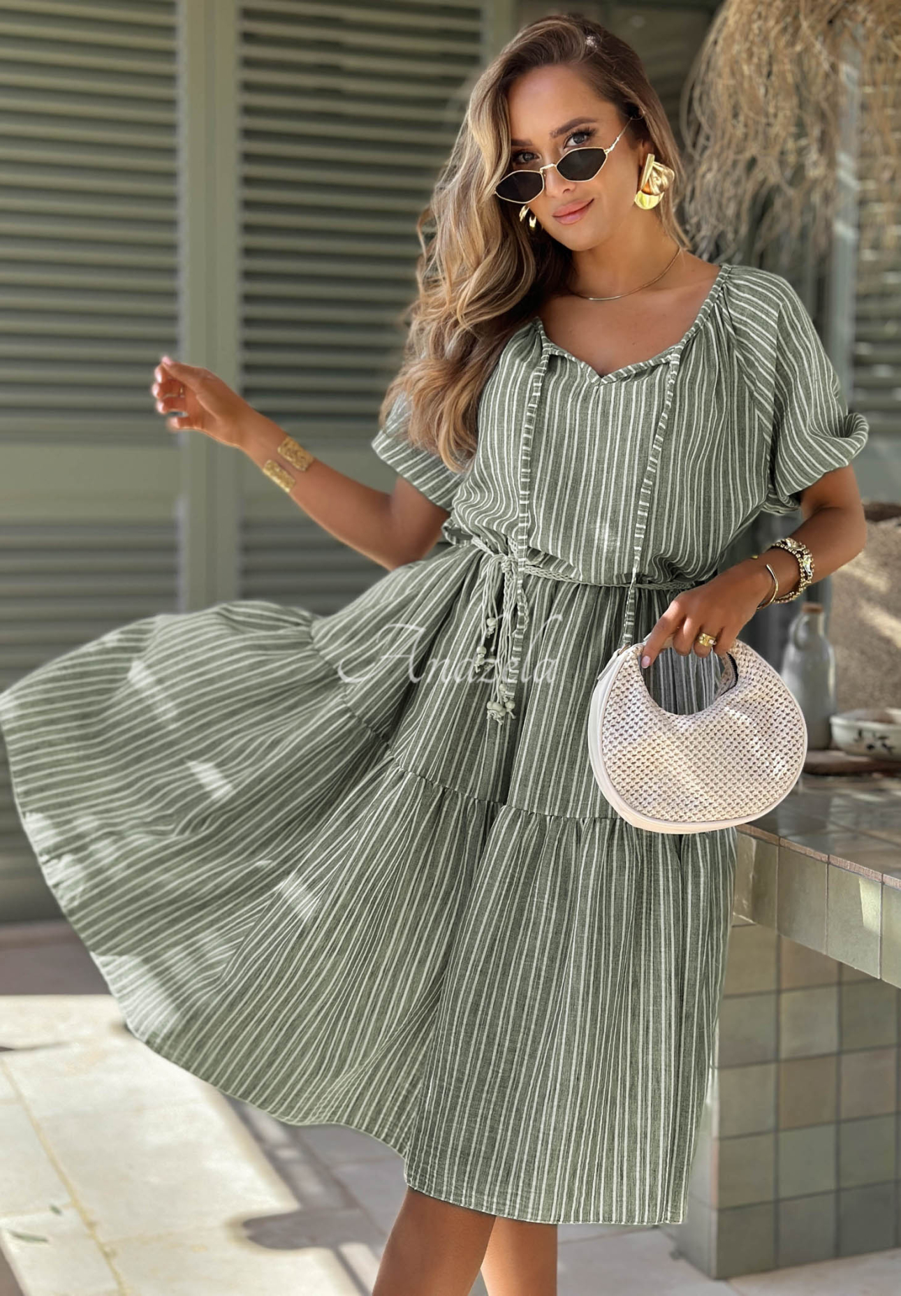 Sunny Costa Pistachio Striped Puffed-Sleeve Dress