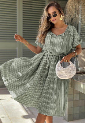 Sunny Costa Pistachio Striped Puffed-Sleeve Dress
