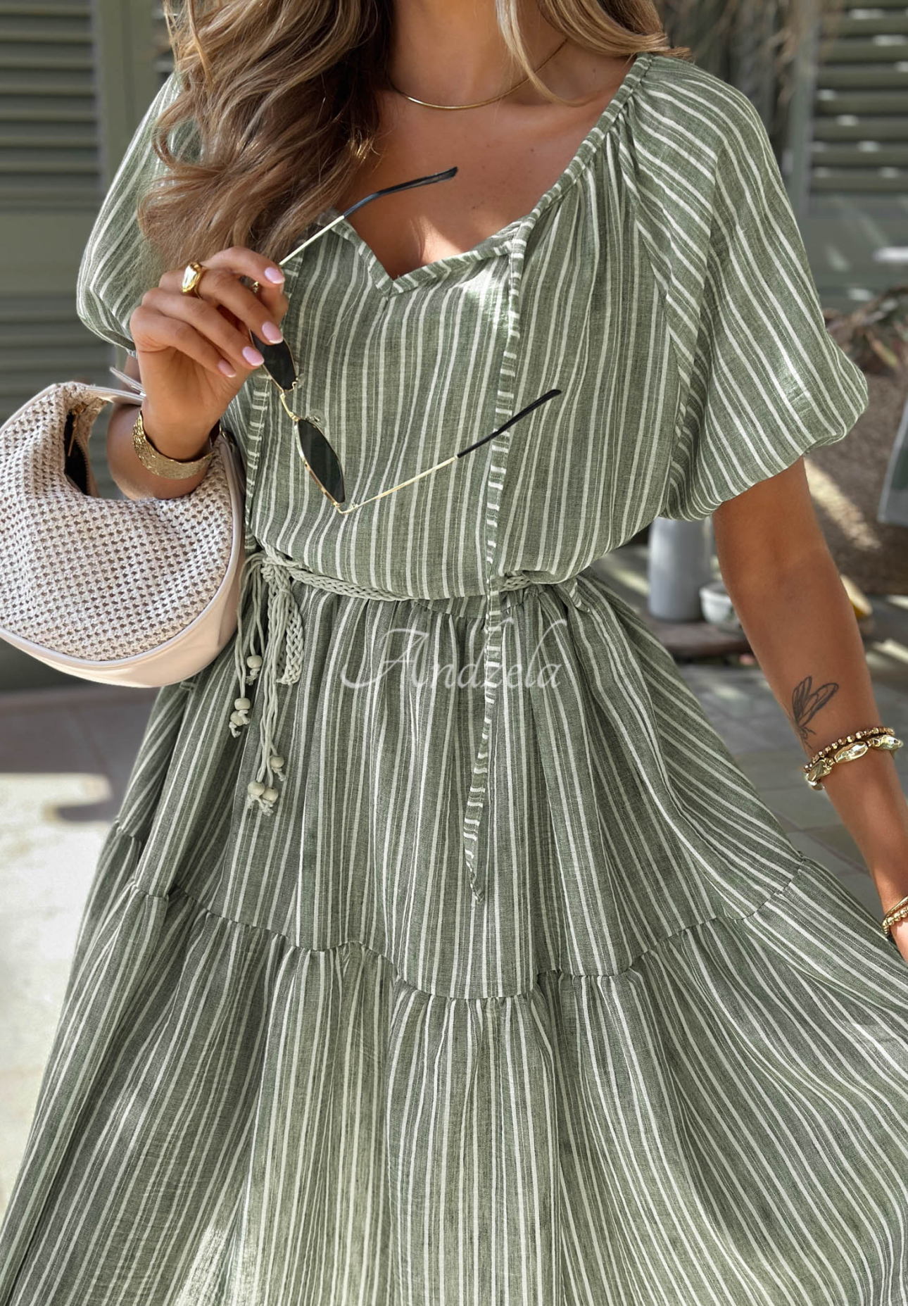 Sunny Costa Pistachio Striped Puffed-Sleeve Dress