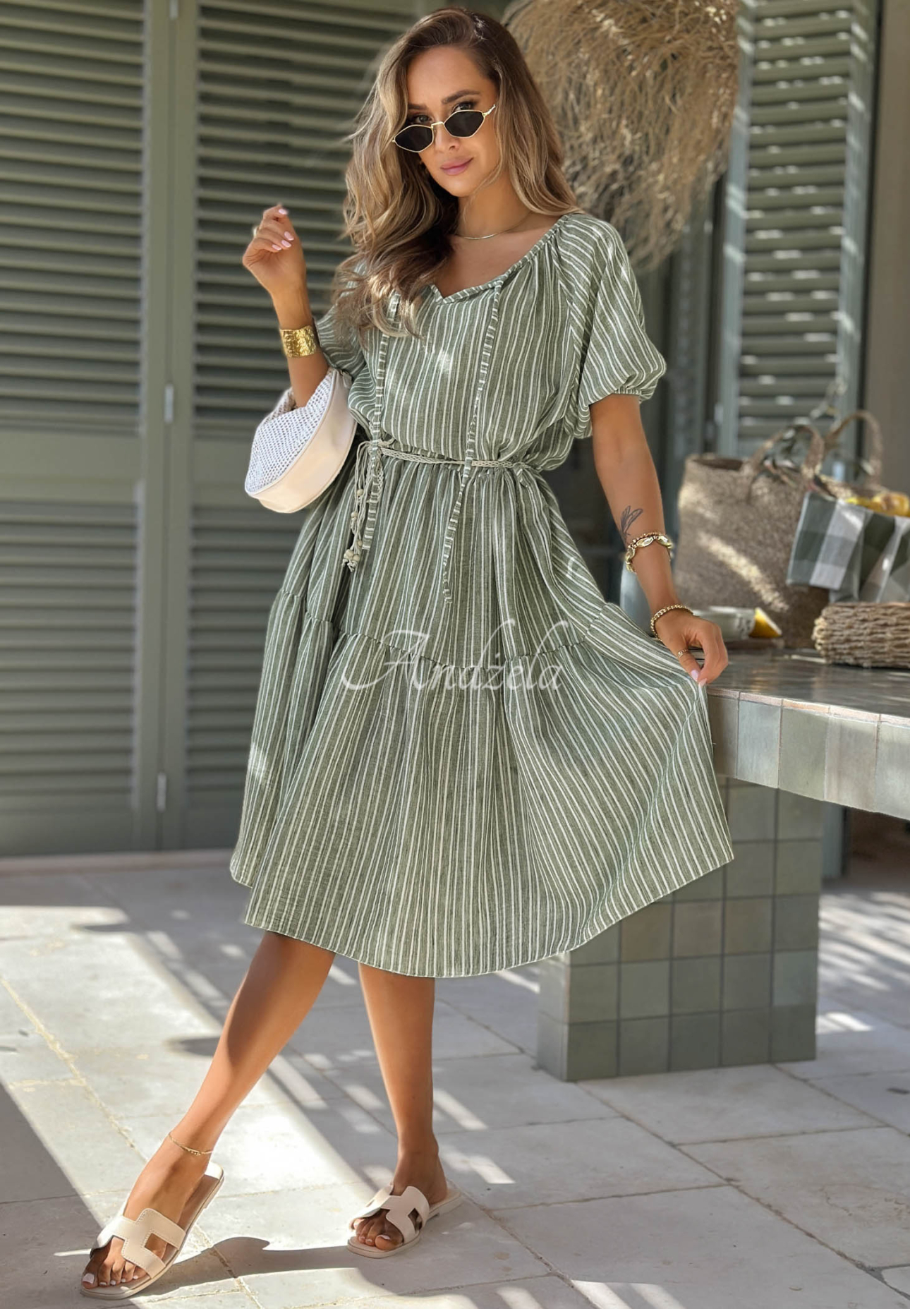 Sunny Costa Pistachio Striped Puffed-Sleeve Dress