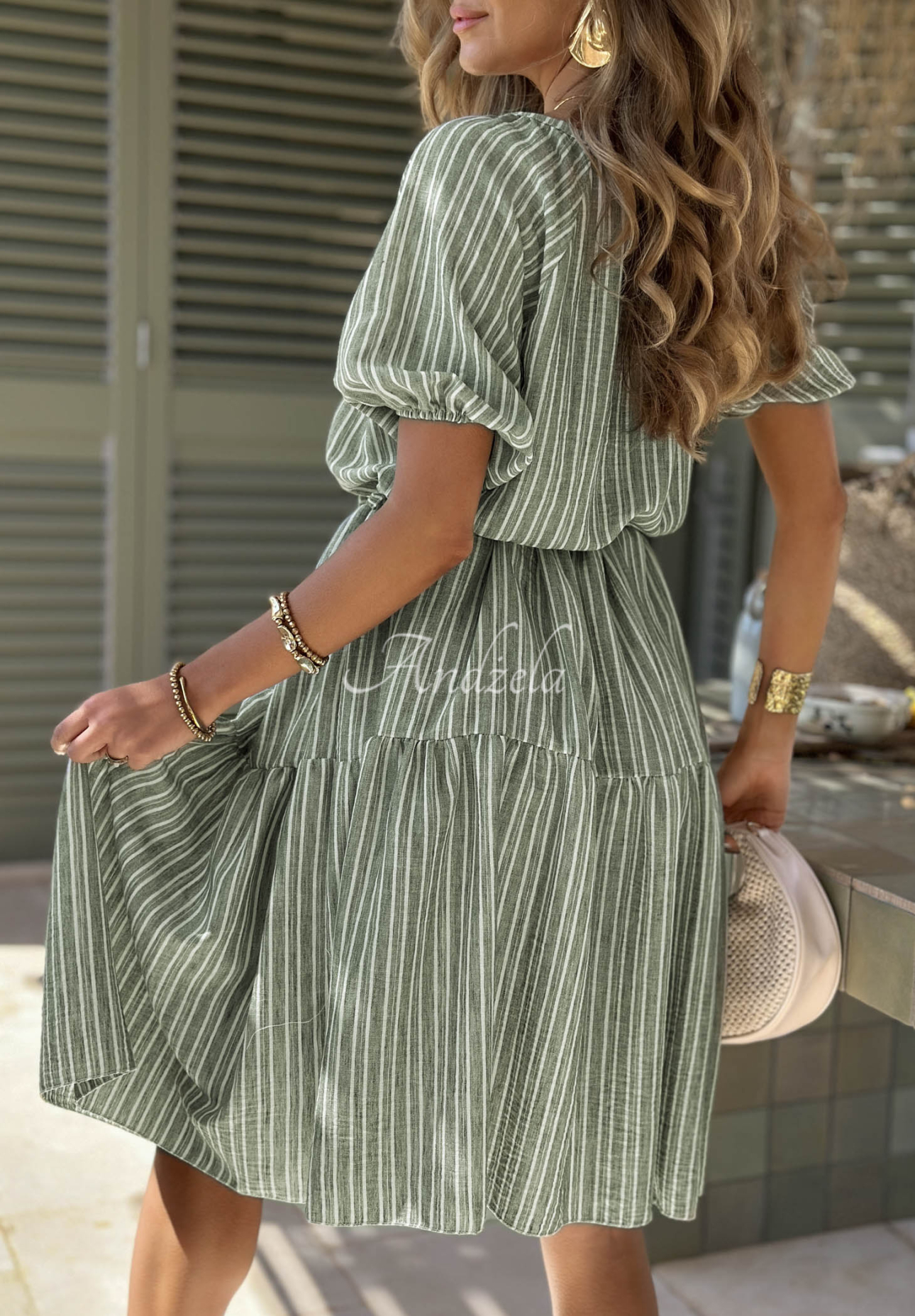 Sunny Costa Pistachio Striped Puffed-Sleeve Dress