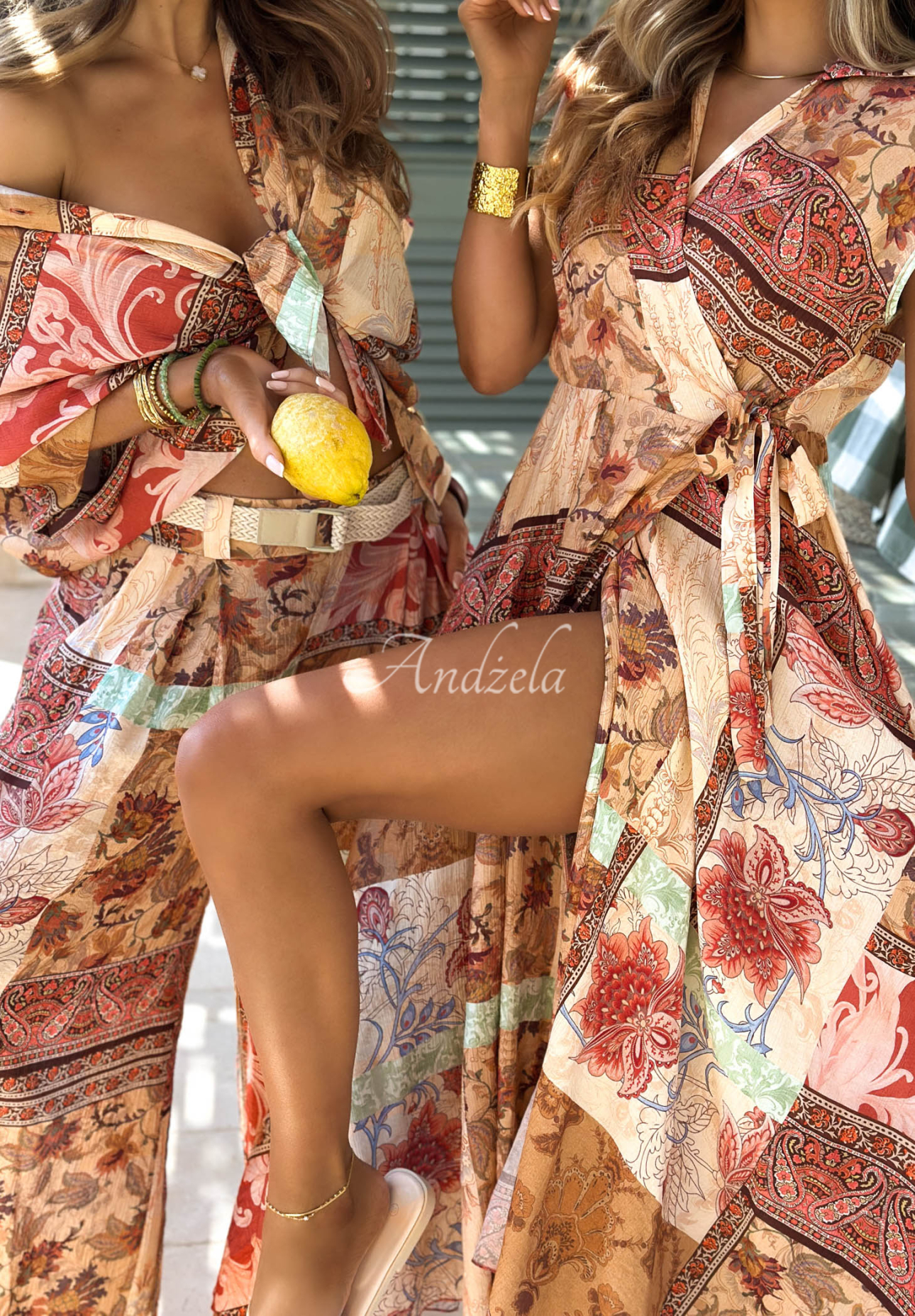 Beige and orange Riviera Sunset patterned wide-leg viscose pants