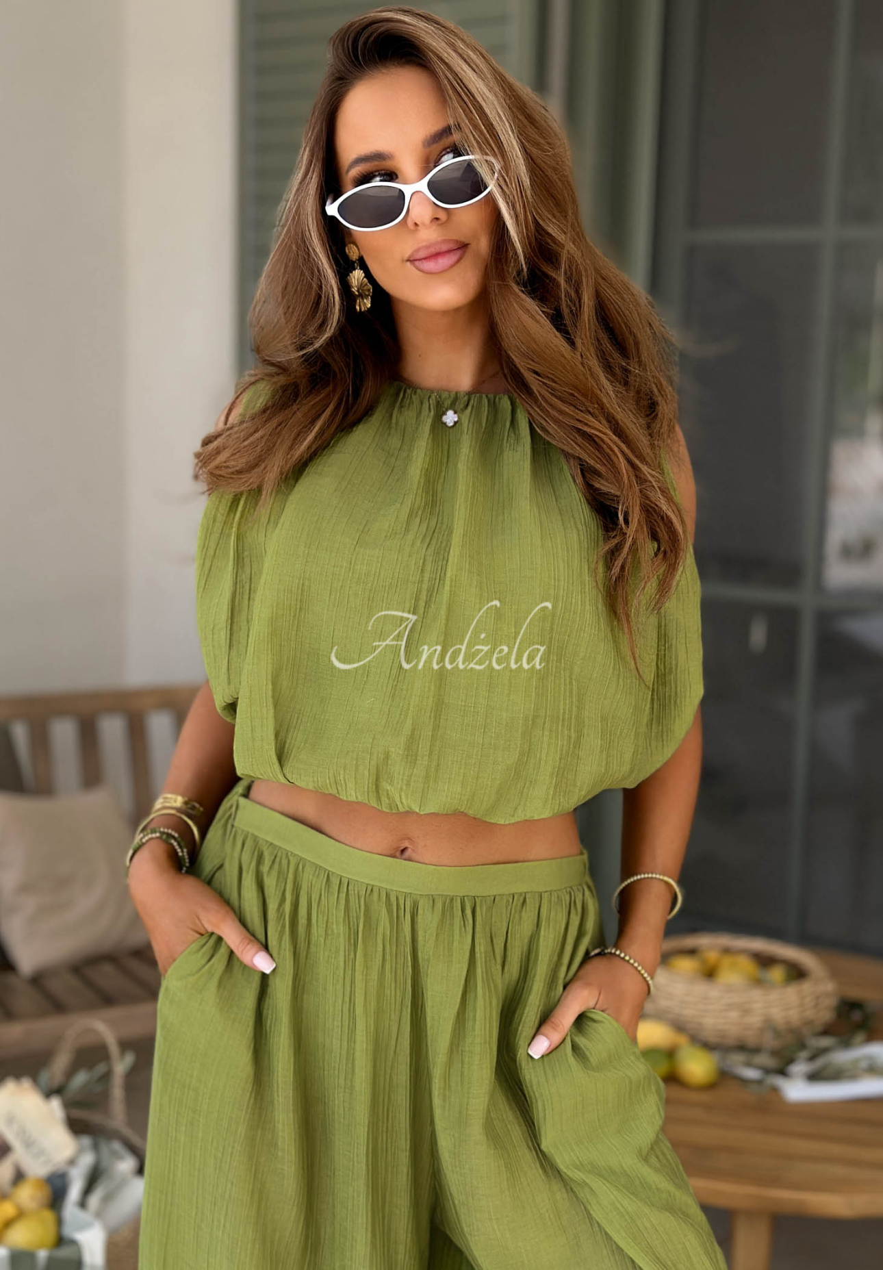 Dolce Primavera olive-green Tencel top and pants set