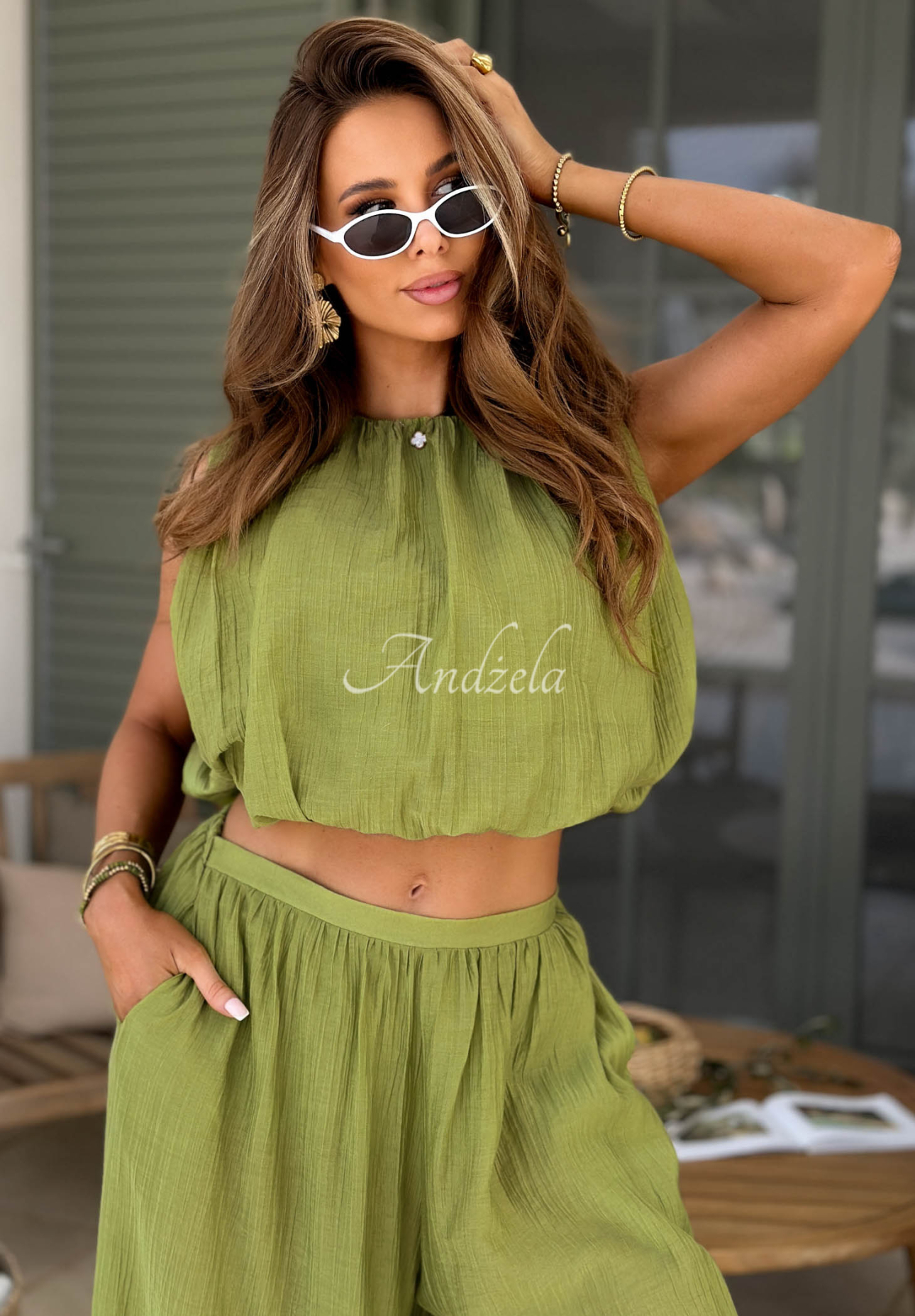 Dolce Primavera olive-green Tencel top and pants set