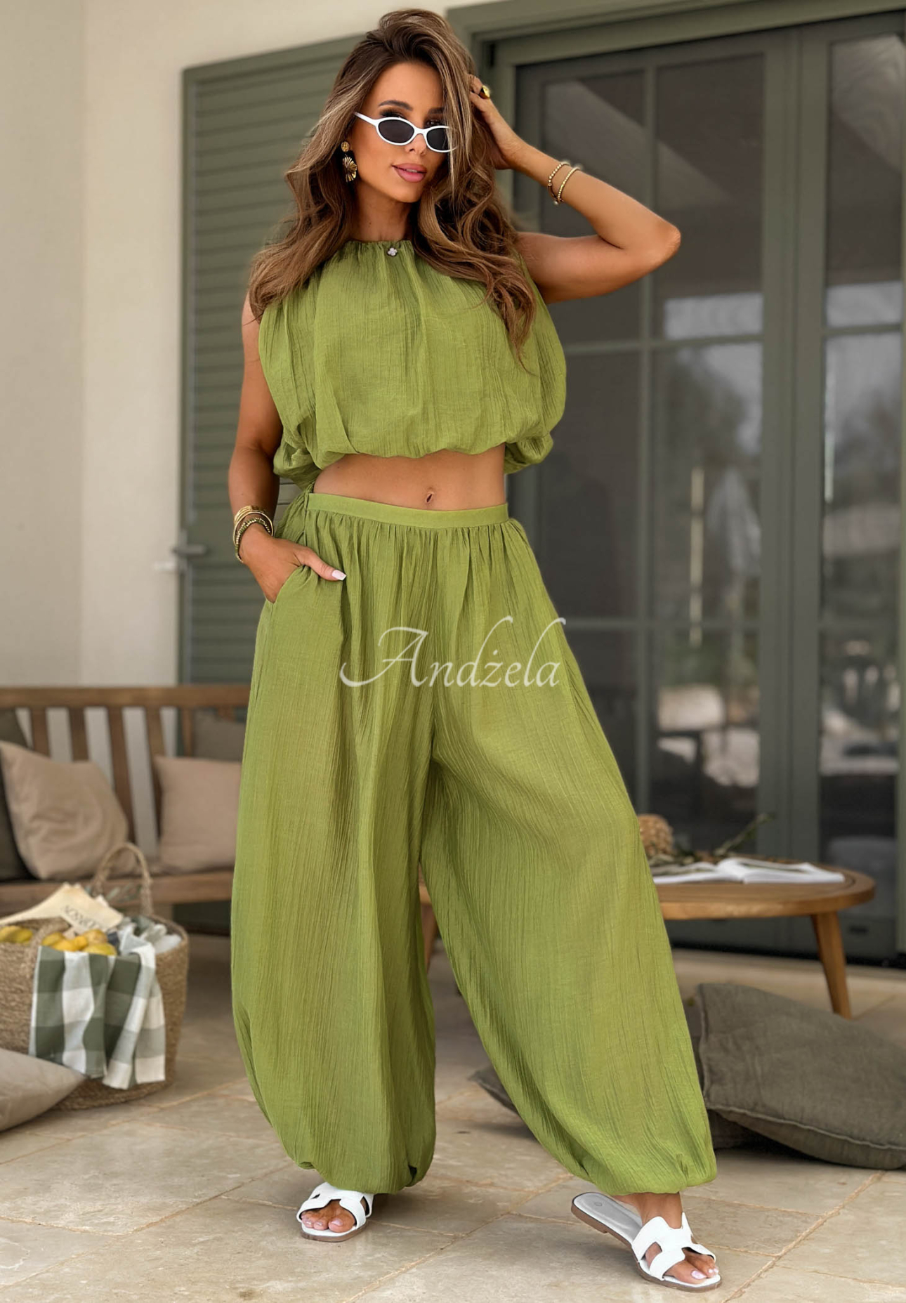 Dolce Primavera olive-green Tencel top and pants set