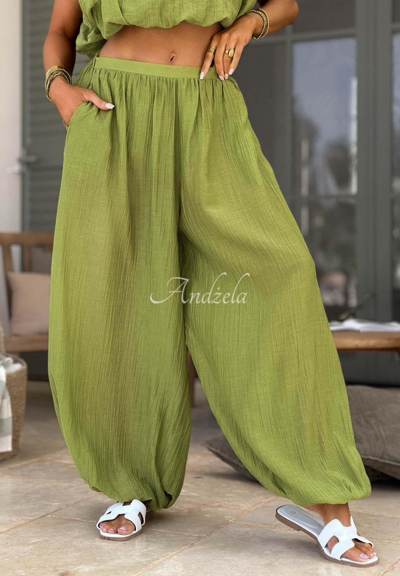 Dolce Primavera olive-green Tencel top and pants set