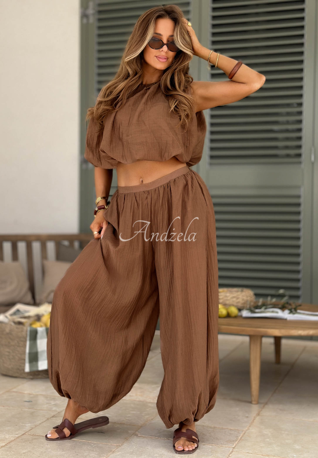 Dolce Primavera Chocolate Tencel Top and Pants Set