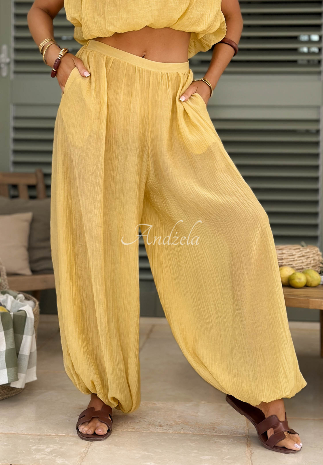 Dolce Primavera Yellow Tencel Top and Pants Set