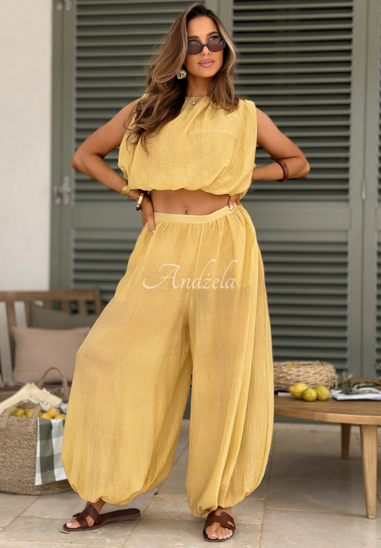 Dolce Primavera Yellow Tencel Top and Pants Set