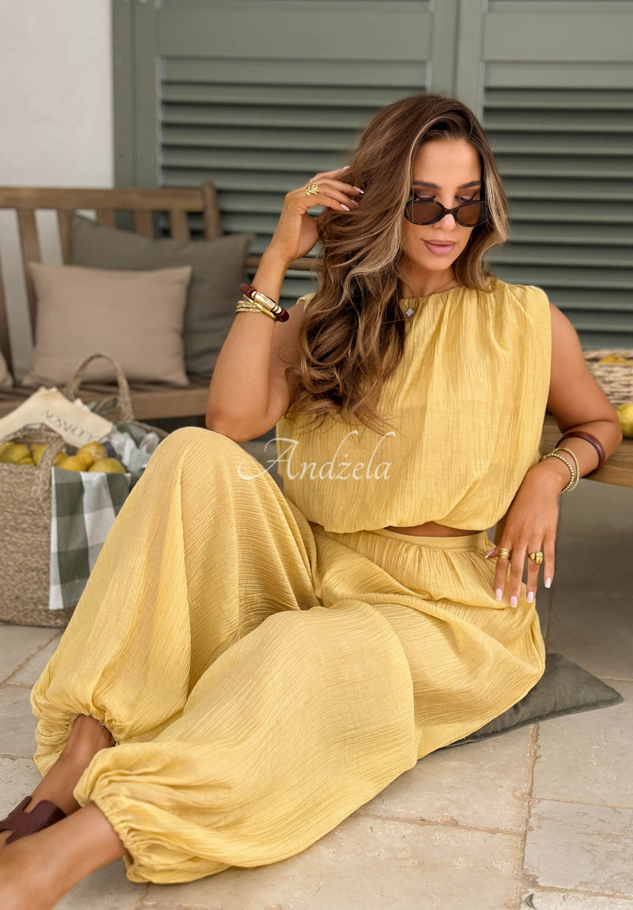 Dolce Primavera Yellow Tencel Top and Pants Set