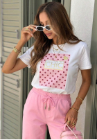 T-shirt z nadrukiem Dotty Chic biało-różowy