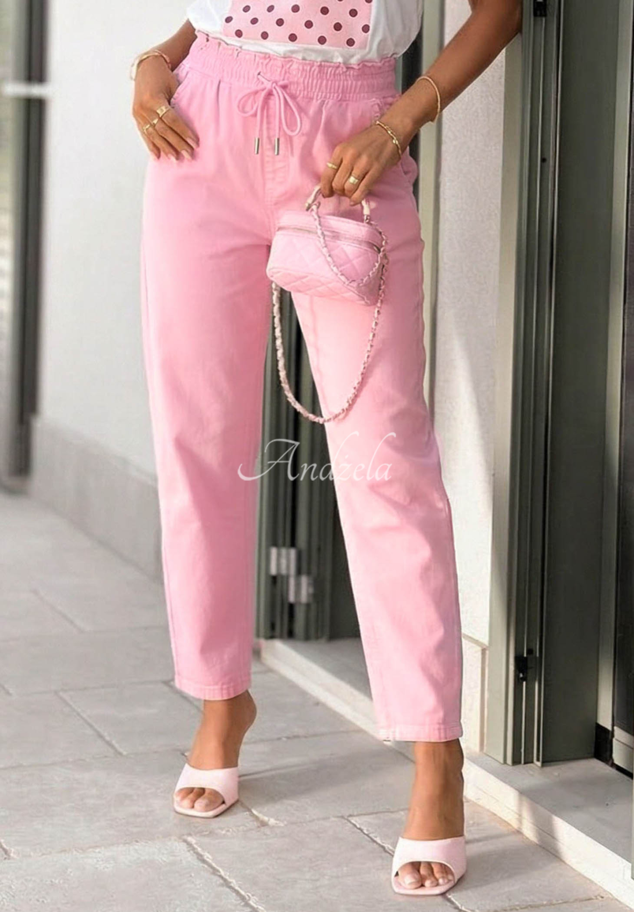 Meet Me Again Pink Balloon-Style Denim Pants with an Elastic Waistband