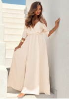 Sukienka hiszpanka maxi z rozcięciami Pretty In Paradise beżowa