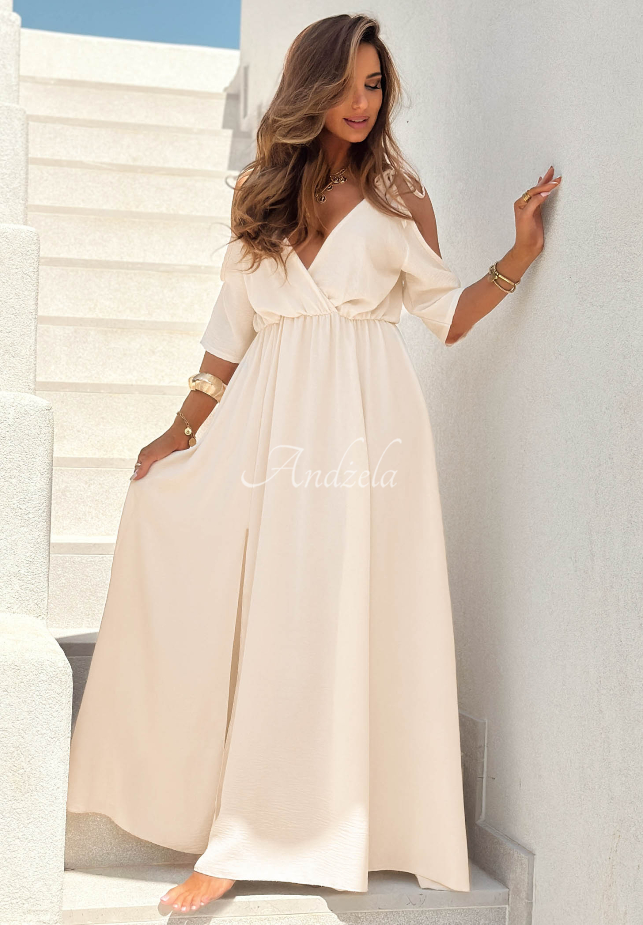 Pretty In Paradise Vanilla Off-the-Shoulder Maxi Dress with Slits