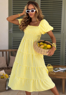 Wiskozowa sukienka midi z bufkami w kratkę Amore Mio żółta