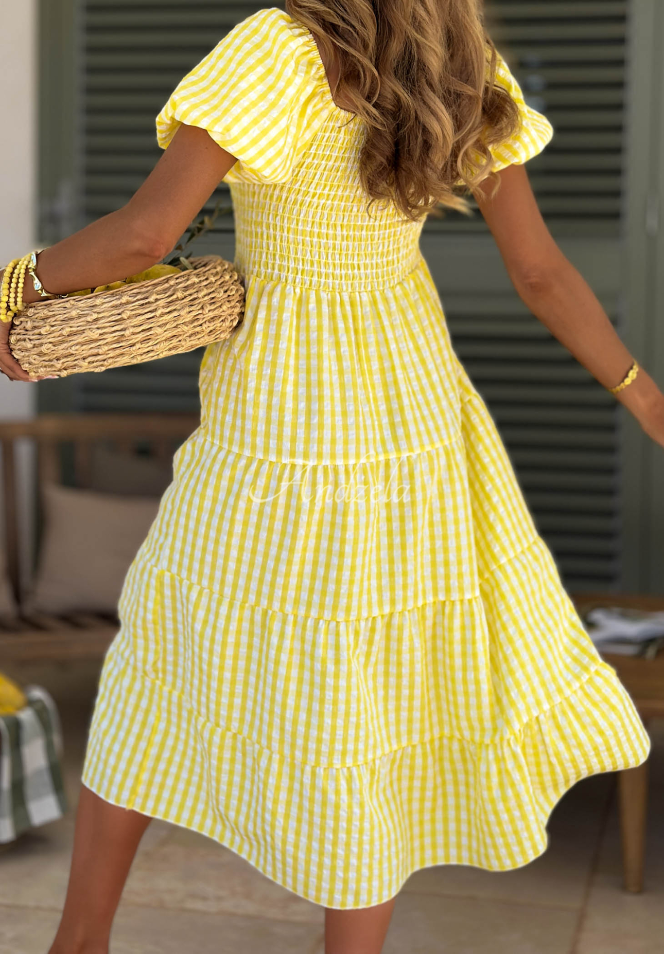 Amore Mio Yellow Checkered Viscose Midi Dress with Puff Sleeves