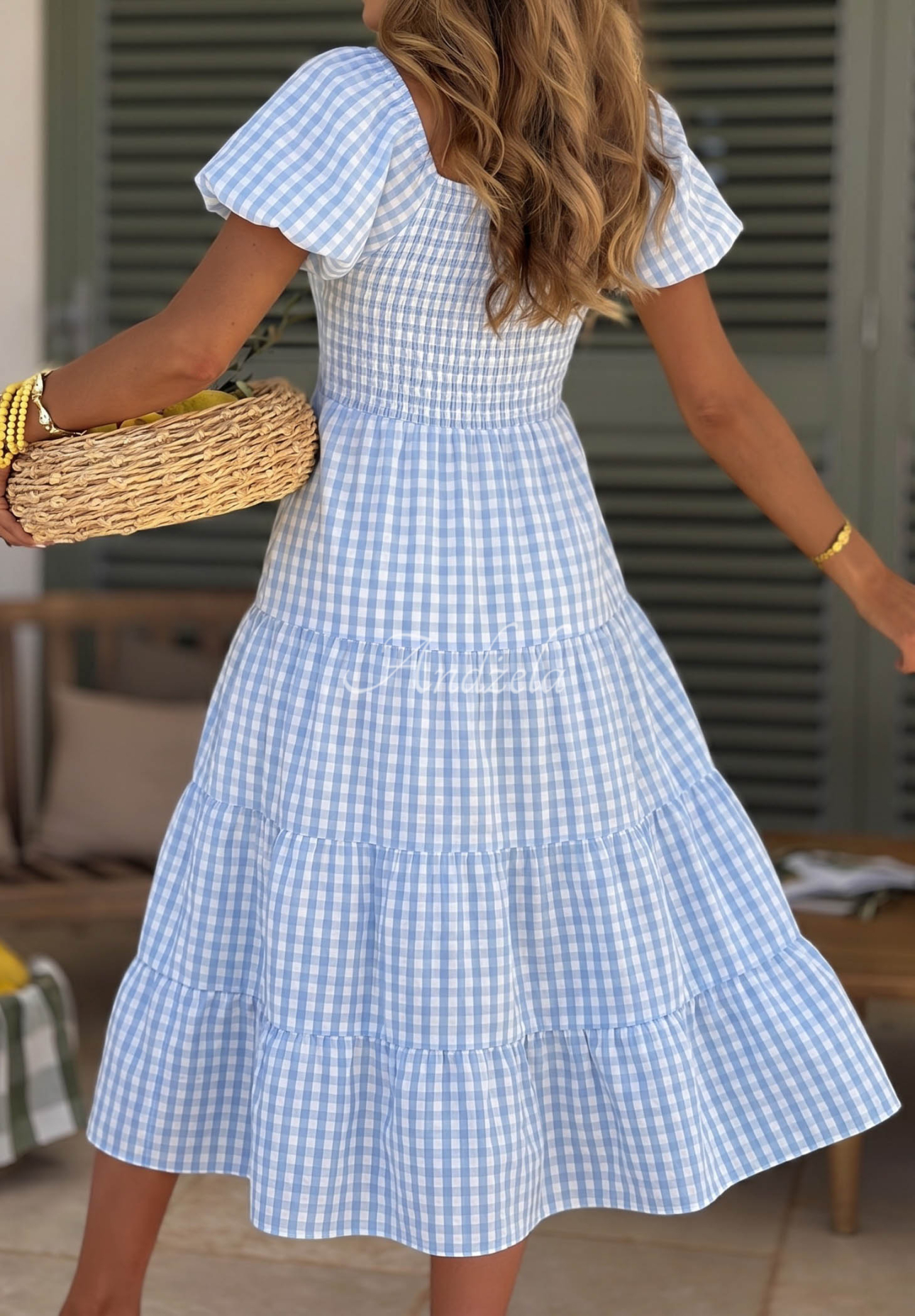 Amore Mio Light Blue Checkered Puffed-Sleeve Viscose Midi Dress