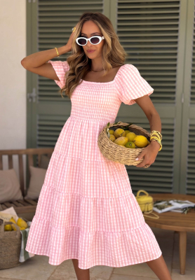 Amore Mio Pink Checkered Puffed-Sleeve Viscose Midi Dress