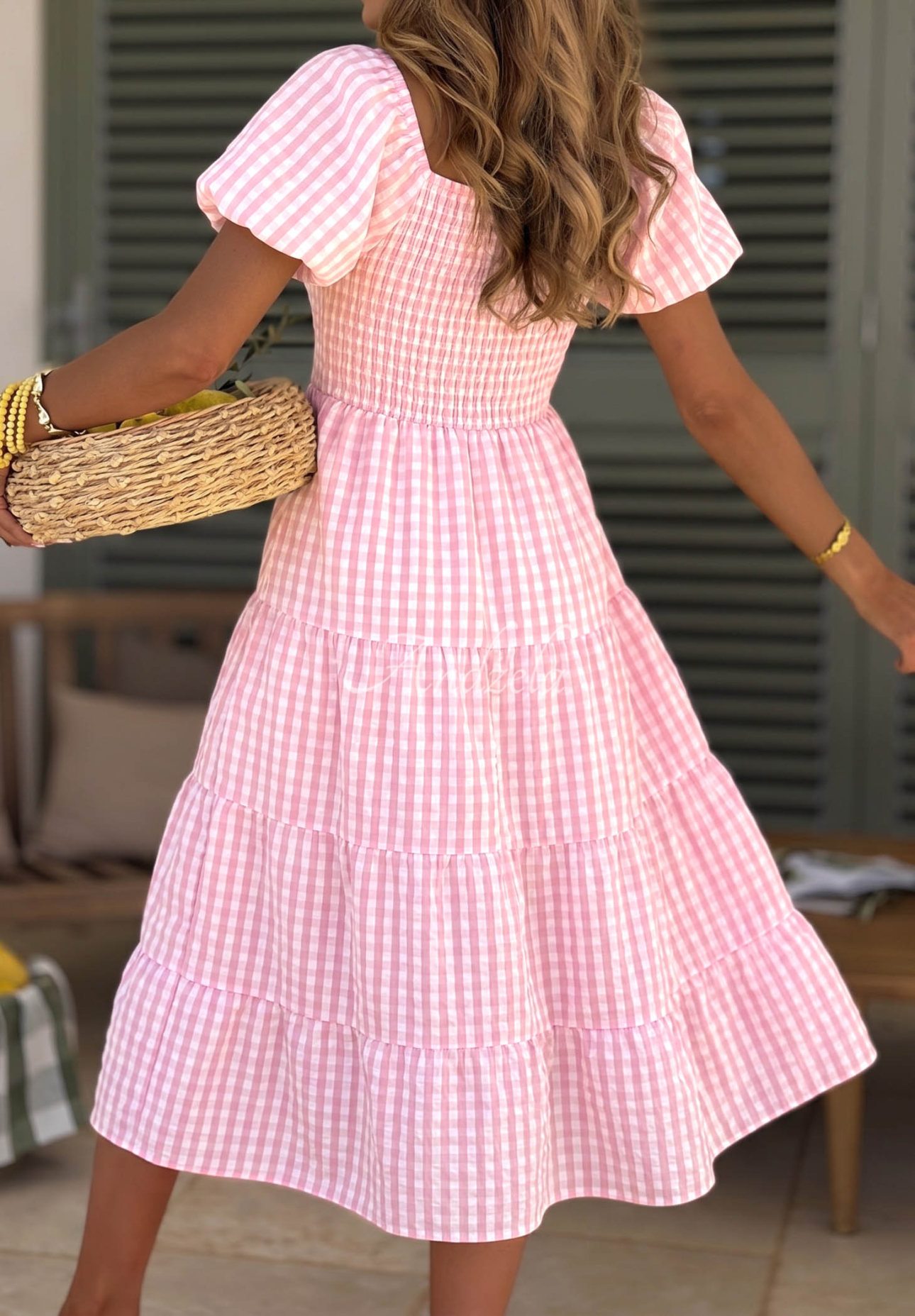 Amore Mio Pink Checkered Puffed-Sleeve Viscose Midi Dress
