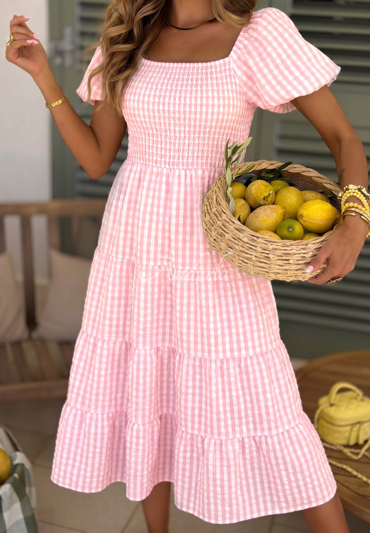 Amore Mio Pink Checkered Puffed-Sleeve Viscose Midi Dress