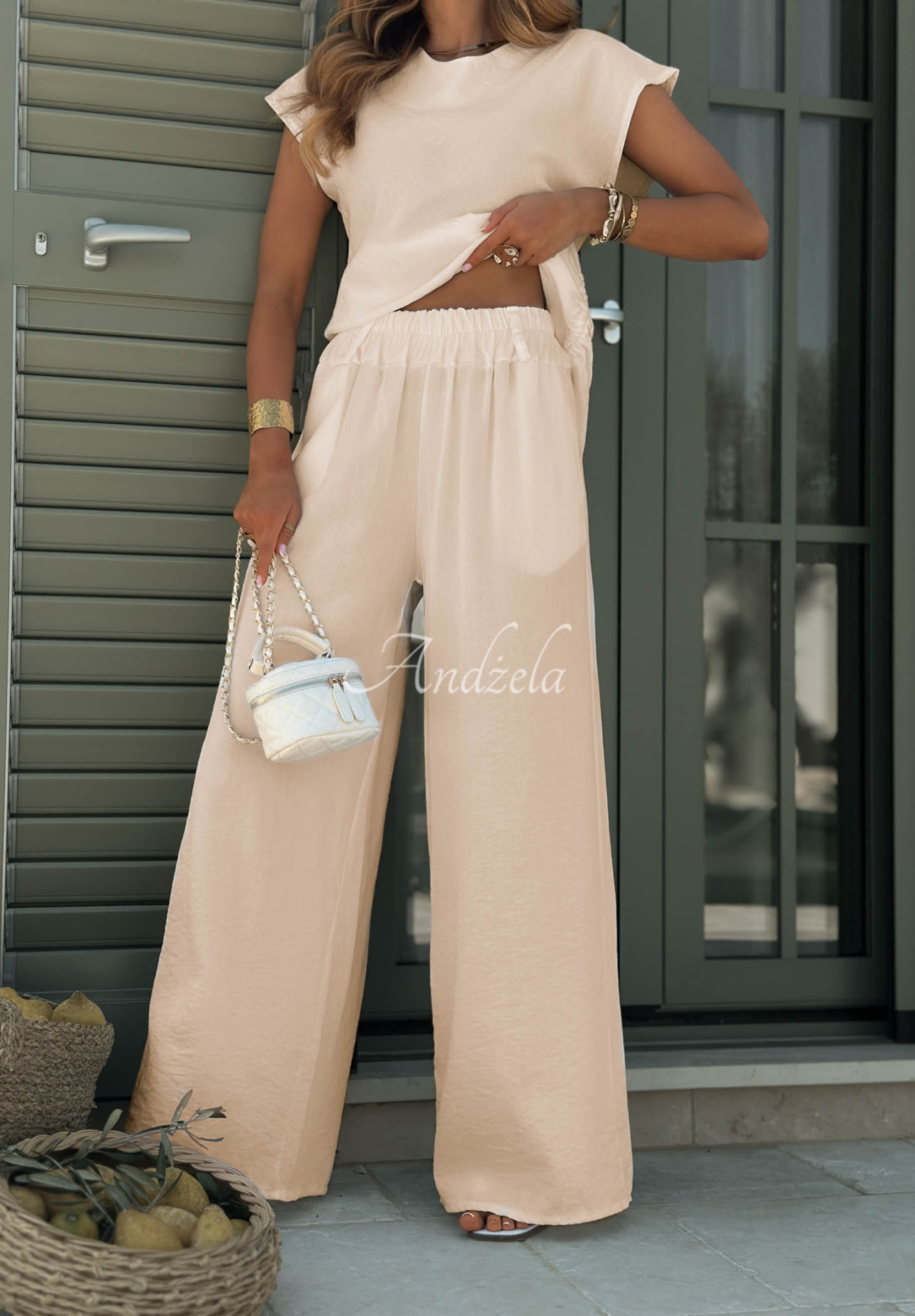 Glow Mood Beige Cotton and Viscose Blouse and Pants Set
