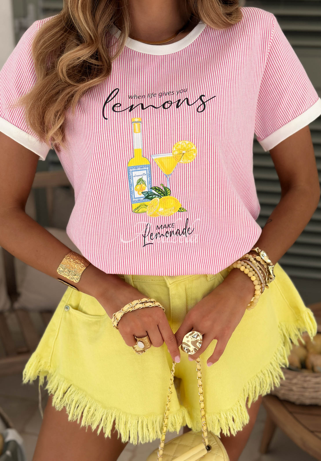 Endless Blue wide-leg denim shorts, yellow