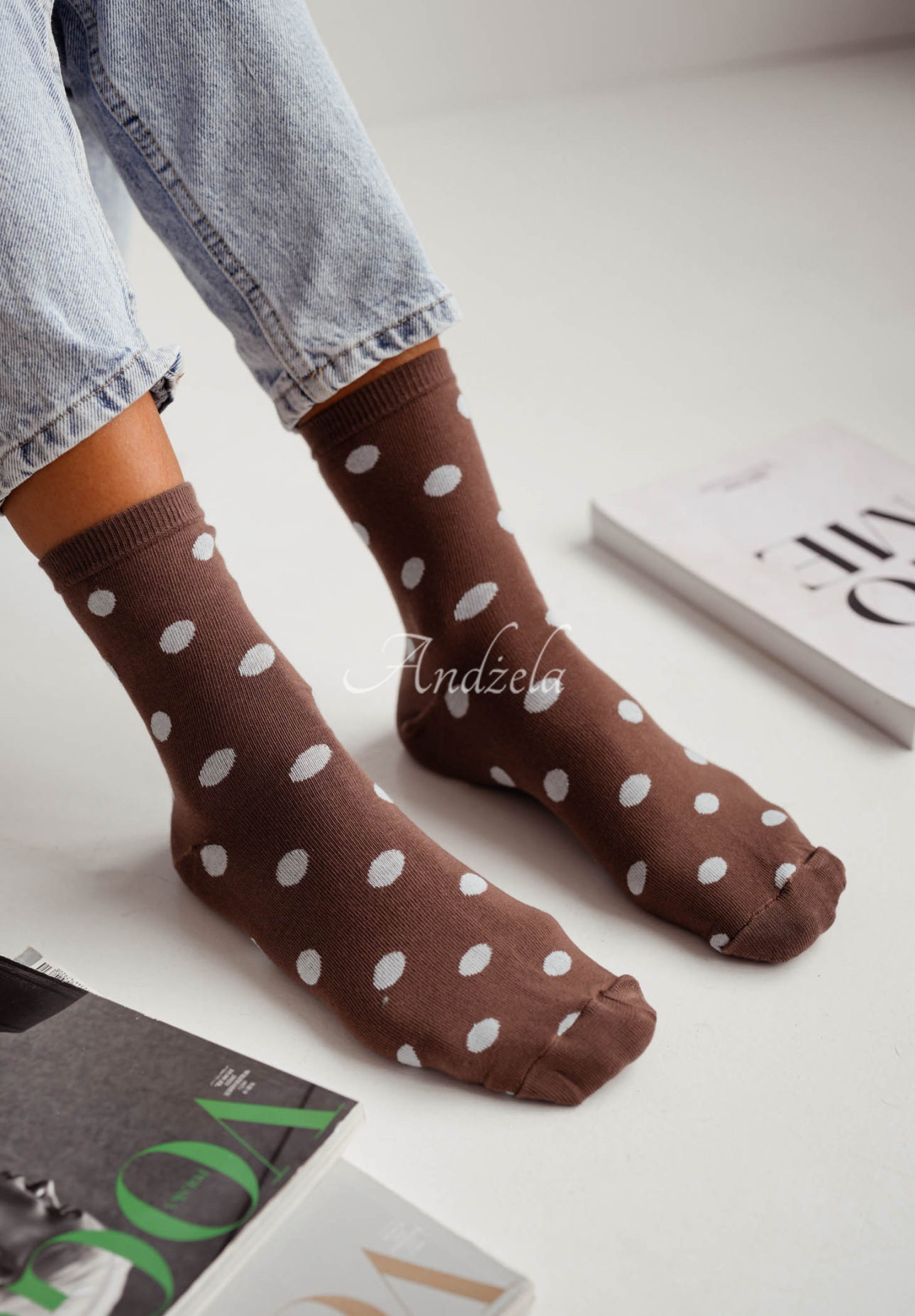 Długie skarpetki w groszki Little Dots czekoladowe